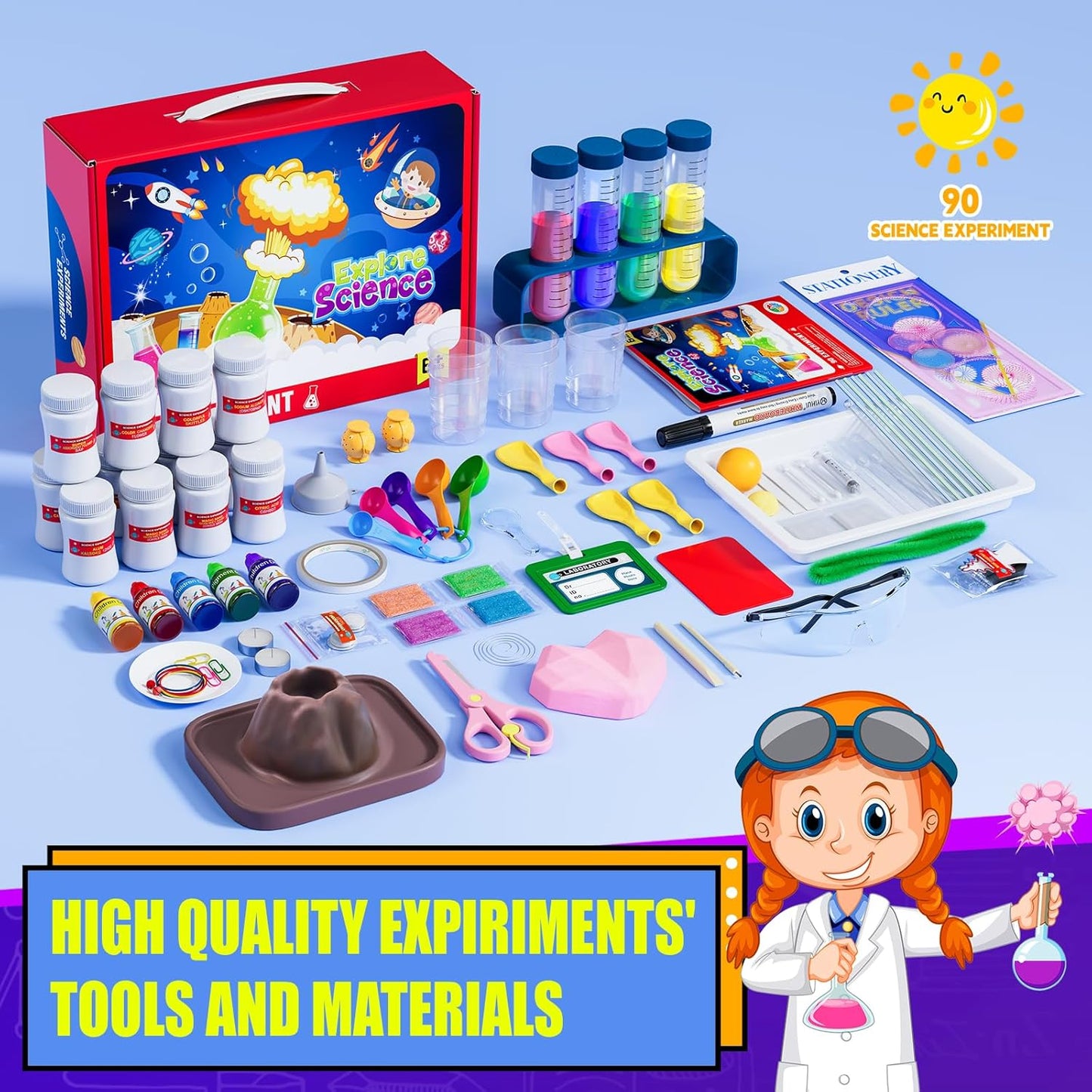90 Lab Experiments Science Kit for Kids, STEM Activities Educational Scientist Toys Gifts for Age 6-12 Year Old Boys Girls, Chemistry and Physics Set Toys, Volcano Eruption
