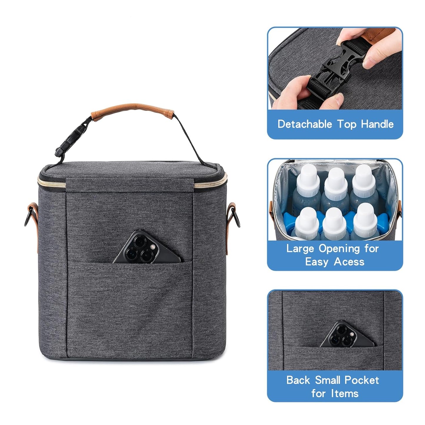 Breastmilk Cooler Bag with Ice Pack Fits 6 Baby Bottles Up to 9 Ounce, Baby Bottle Bag with Shoulder Strap for Nursing Mom Daycare,Dark Grey