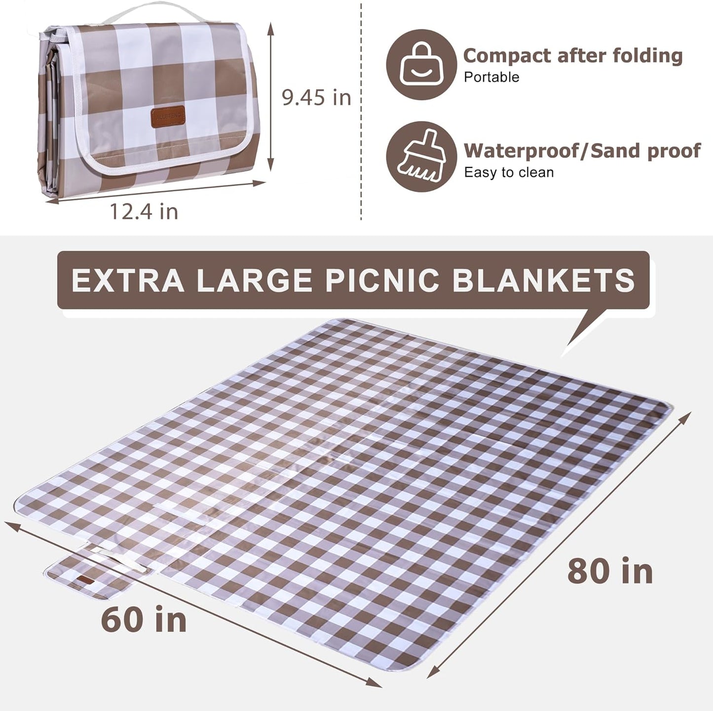 80"x60" Waterproof Sandproof Picnic Mat - Portable Foldable Outdoor Blanket for Beach, Park, Travel & Indoor Use - Lightweight Compact Design, Easy-Carry (Light Brown)