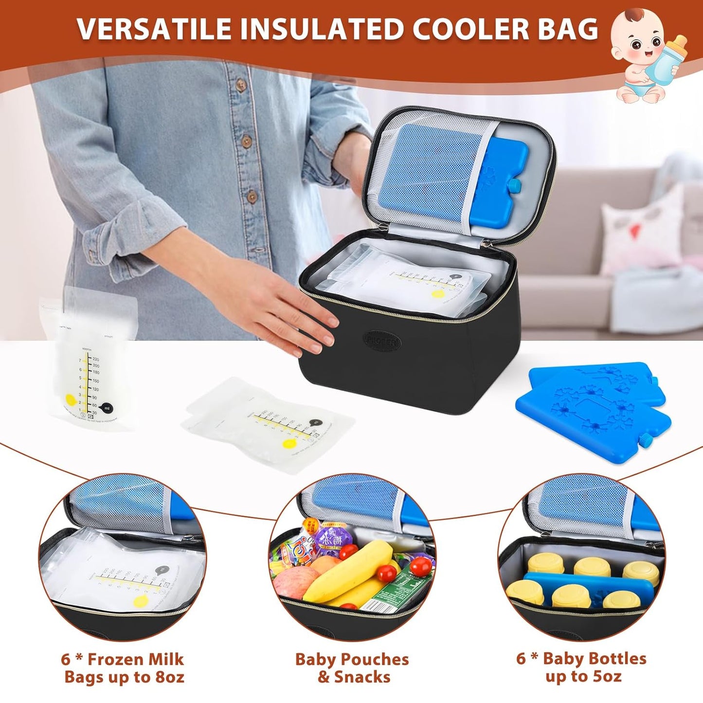 PIIOSER Breast Milk Cooler Bag with 2 Ice Pack, Fit 6 Freezer Breastmilk Storage Bags Up to 8Oz, Insulated Baby Bottles Tote Bag for Daycare and Breastfeeding Mom, Black