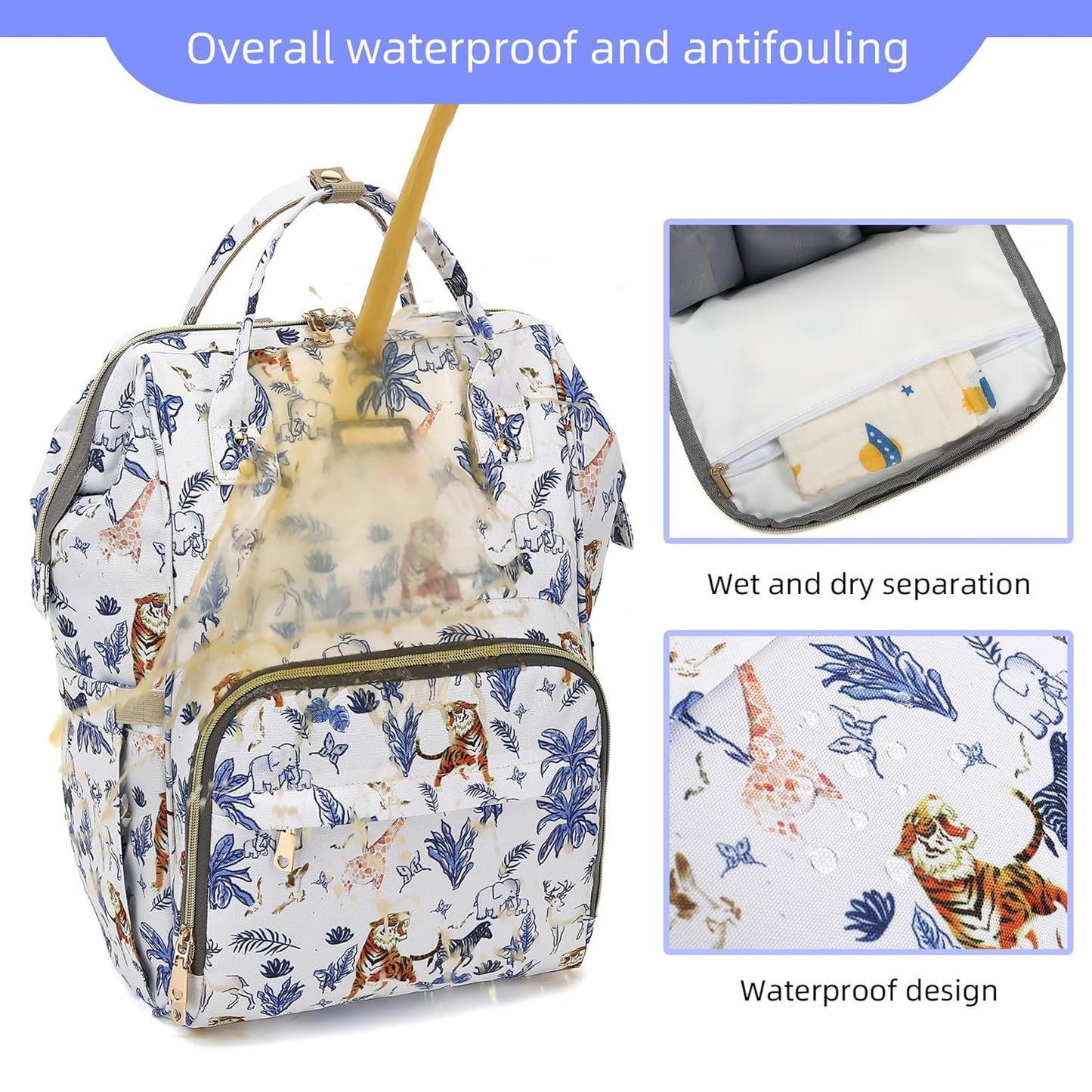 Diaper Bag Backpack, Diaper Bags for Baby Girls Boys, Baby Bags for Moms Dads, Nappy Changing Bag with Insulated Pockets,Multi-functional Waterproof Backpack with Stroller straps-Animal World White