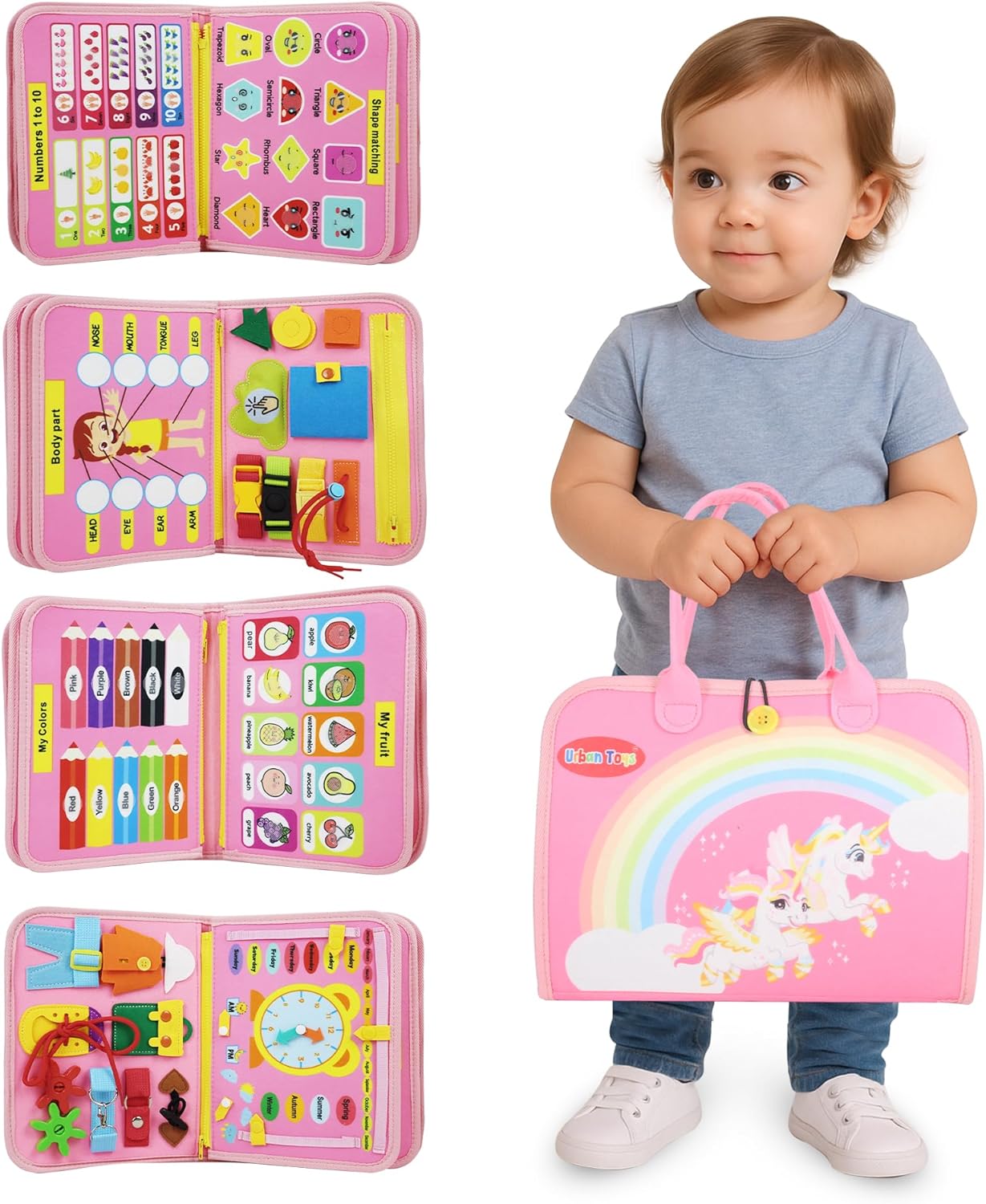 Montessori Busy Board - Ideal Busy Book Toddler Toys & Gifts for Boys & Girls, Toddler Travel Essential for Airplane & Car, Sensory Toys, Great for Baby Gifts for Girls