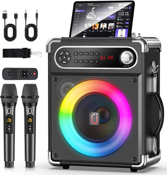 Karaoke Machine with 2 Wireless Microphones,【Upgraded 6.5"Woofer & 2"Tweeter】Portable Bluetooth 5.3 Karaoke Speaker, PA System with Bass/Treble/Echo Adjustment, Supports USB/AUX/TF/TWS for Home Party
