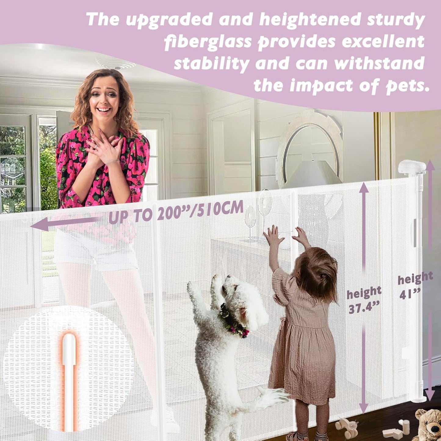 200" Retractable Baby Gates Extra Wide for Large Opening, 41" Extra Tall Retractable Dog Gate Pet Gates, Long Child Safety Mesh Gate with Fiberglass Rods for Stairs, Doorways, Hallways, Indoor/Outdoor