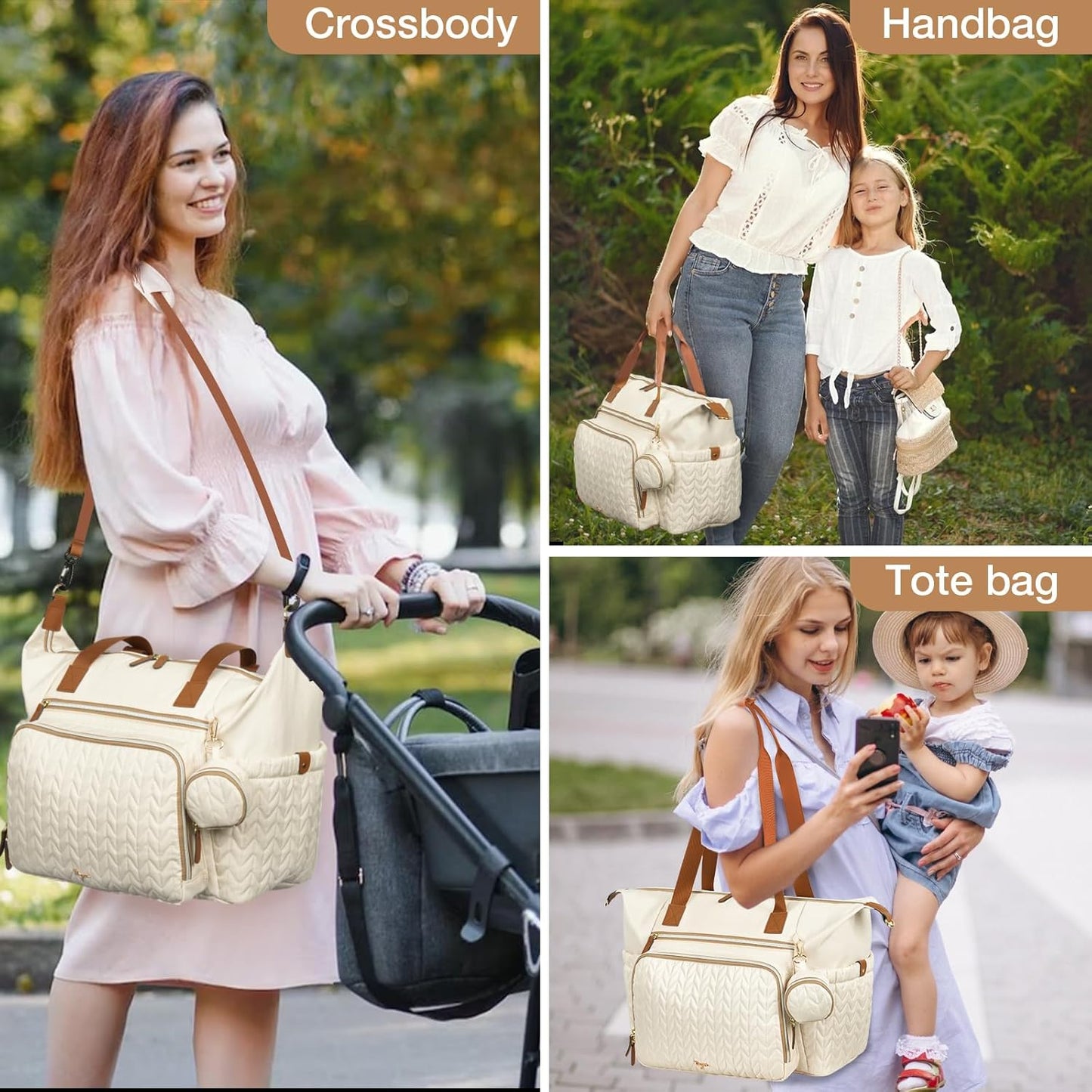Diaper Bag Tote, Large Baby Diaper Bags Waterproof, Hospital Bag for Labor Delivery with Pacifier Case, Changing Pad, Shoulder Strap, Beige