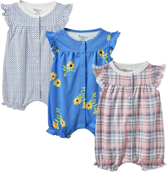 3-pack 100% Cotton Baby Girl Rompers, 0-24 months Ruffle Sleeve Toddler Romper Summer Clothes Set