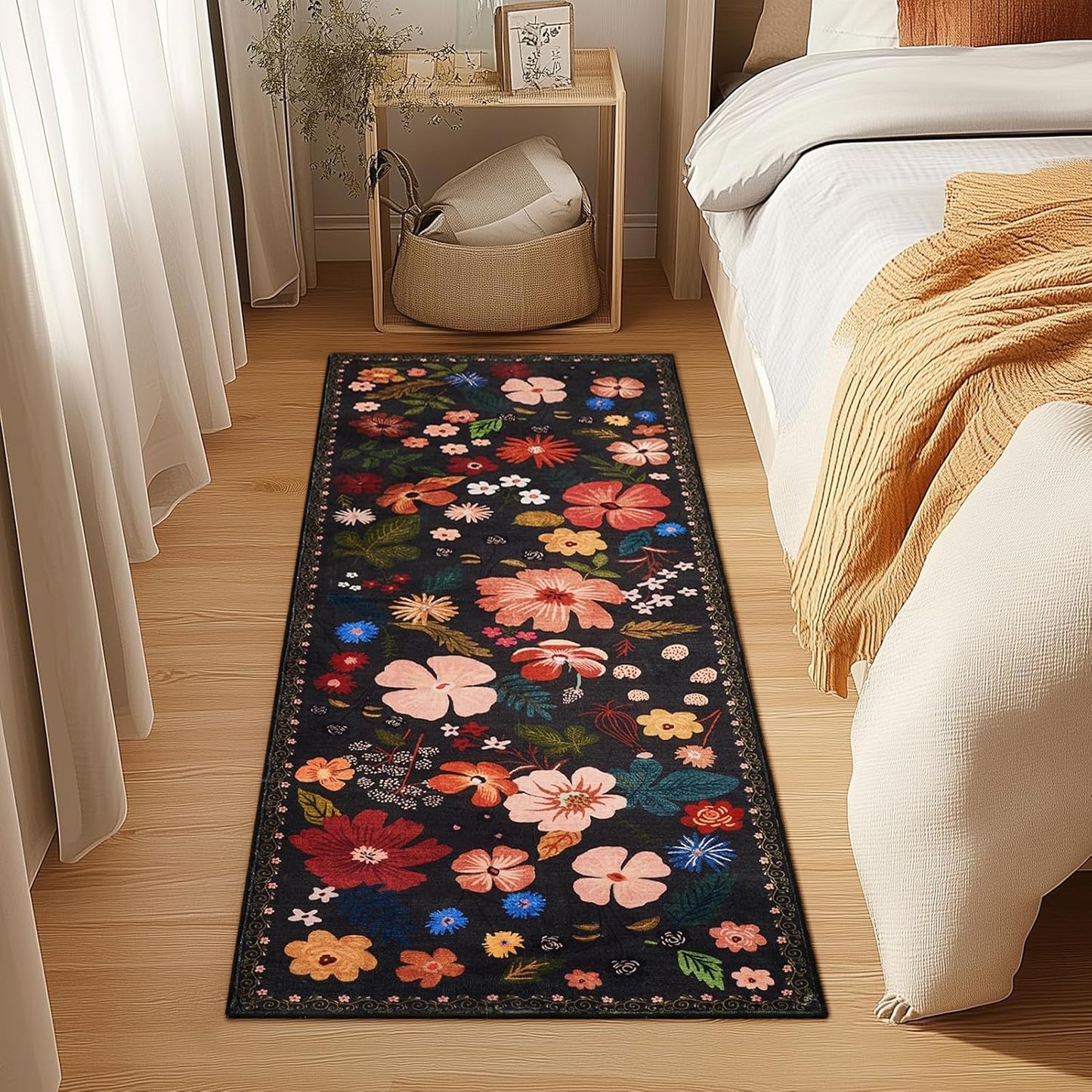 2x6 Rug Runners for Hallways Non Slip Washable Runner Rug with Rubber Backing Sound Absorbing Vintage Boho Floral Low Pile Thin Rug for Kitchen Bedroom Entrance Laundry Bathroom Living Room,Black
