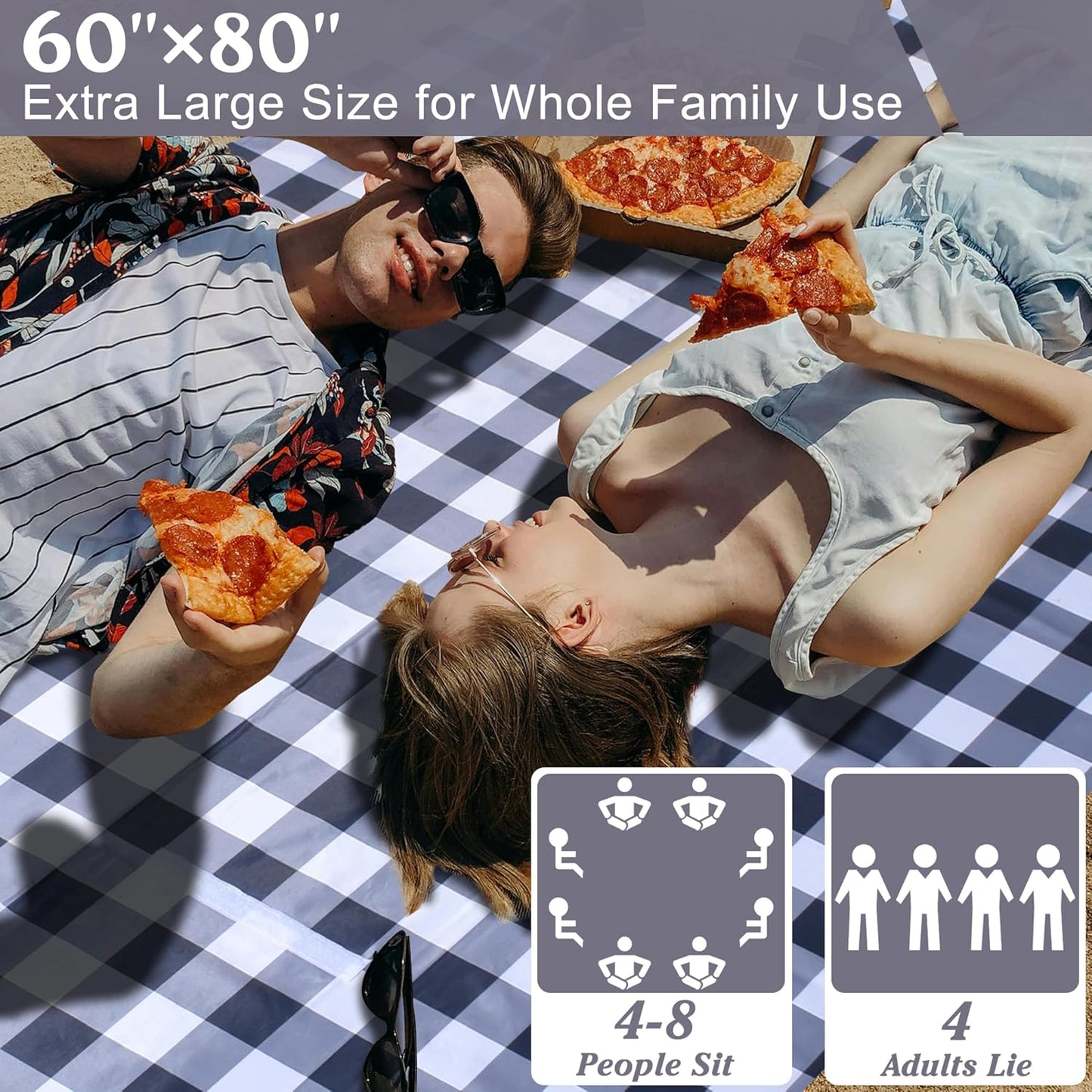 80"x60" Waterproof Sandproof Picnic Mat - Portable Foldable Outdoor Blanket for Beach, Park, Travel & Indoor Use - Lightweight Compact Design, Easy-Carry (Gray&White)