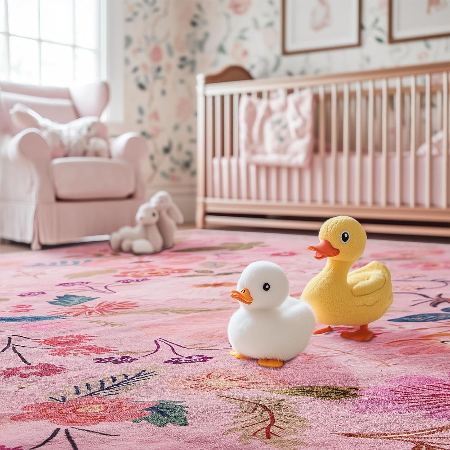 5x7 Area Rug for Nursery Girl Pink Floral Boho Cute Washable Soft Low Pile Non Slip Rugs Vintage Sound Absorbing Stain Resistant Big Carpet Rug for Bedroom Playroom Spring Living Room Dining Room