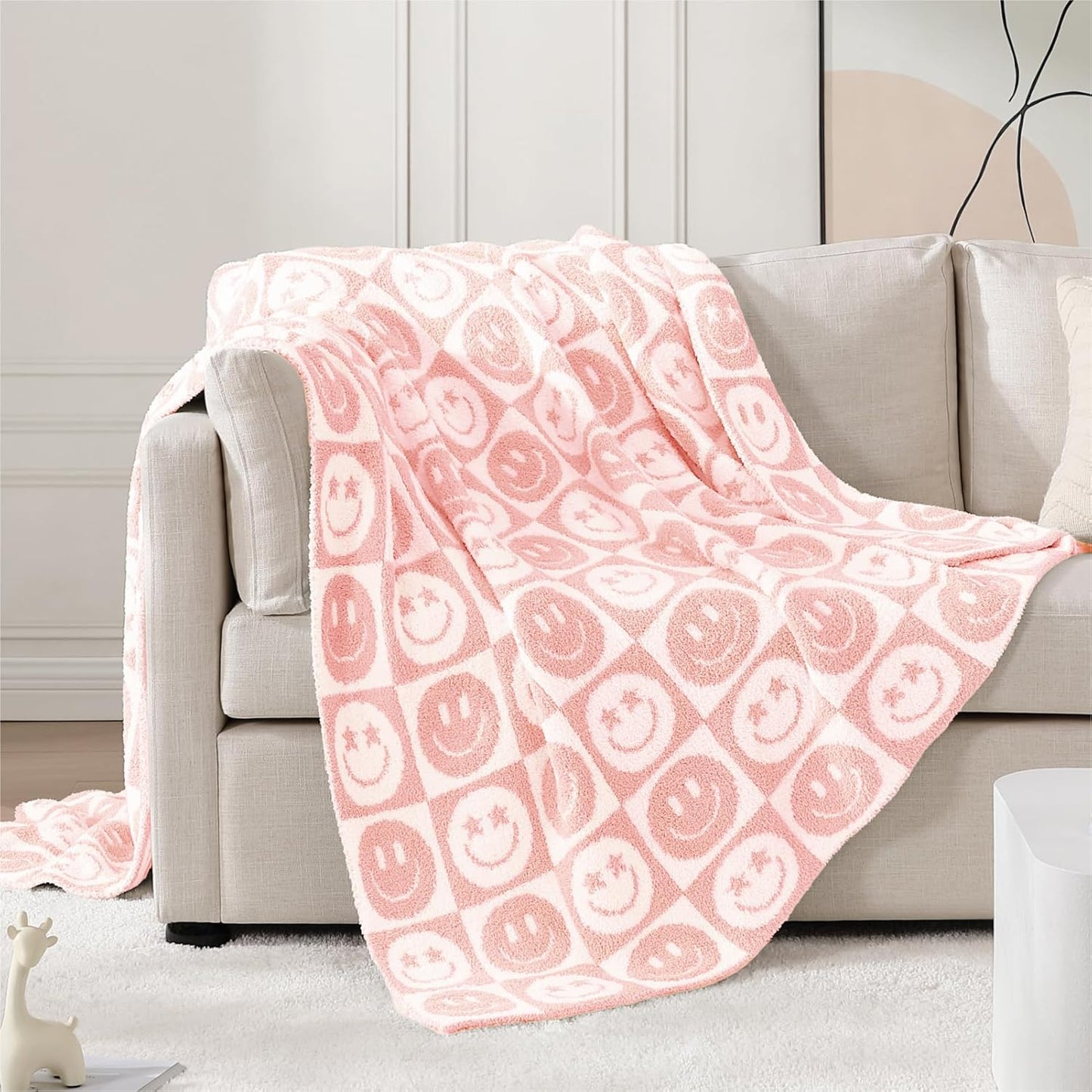 WRENSONGE Checkered Throw Blanket Blossom Smiling Face Soft Cozy Fluffy Warm Hand Made Weave Throw Blankets for Couch, Sofa, Chair, Bed, Camping, Picnic, Travel Lightweight Bed Blanket - 60"*80"