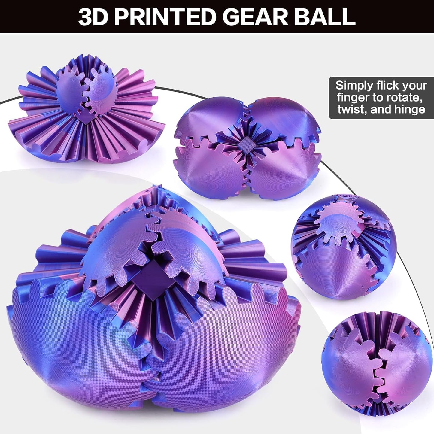 4-inch Larger 3D Printed Gear Ball - Marvellous Design Gear Sphere, Already Assembled 360° Rotatable Gearsphere, Steampunk Whirling Wonder Fidget for Stress and Anxiety Relief (Blue Purple)