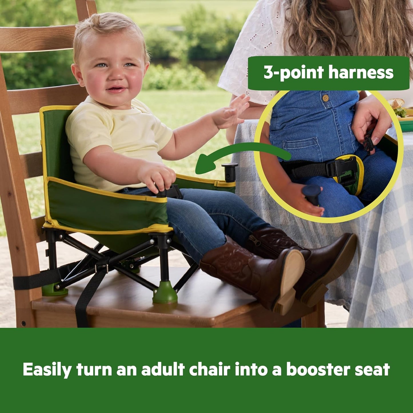 Bright Starts John Deere Pop 'N Sit Portable Booster Chair, Floor Seat, Indoor/Outdoor Use, Compact Fold, Green and Yellow, 6 Mos - 3 Yrs