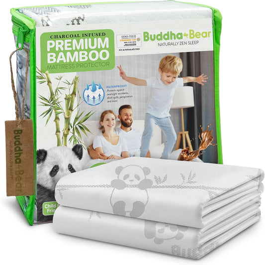Premium Bamboo Crib Mattress Encasement Protector | Full Zipper Enclosure | Waterproof | Extra Soft | Enfused Charcoal for Odor Control | Fits Crib | Family Friendly, White