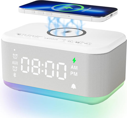 Alarm Clock Speaker Wireless Charger, Digital Alarm Clocks Bedrooms Bluetooth, Alarm Clock Dimmable Light Bedrooms Dual Alarm Snooze Dimmer 12 24H RGB Night Light Bluetooth USB AUX, White