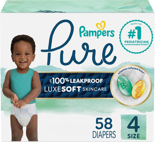 Pampers Pure Protection Baby Diapers, Size 4 (22-37 lbs), 58 Count, Up to 100% Leakproof, Premium Plant-based Skin Protection, Hypoallergenic Soft Diapers