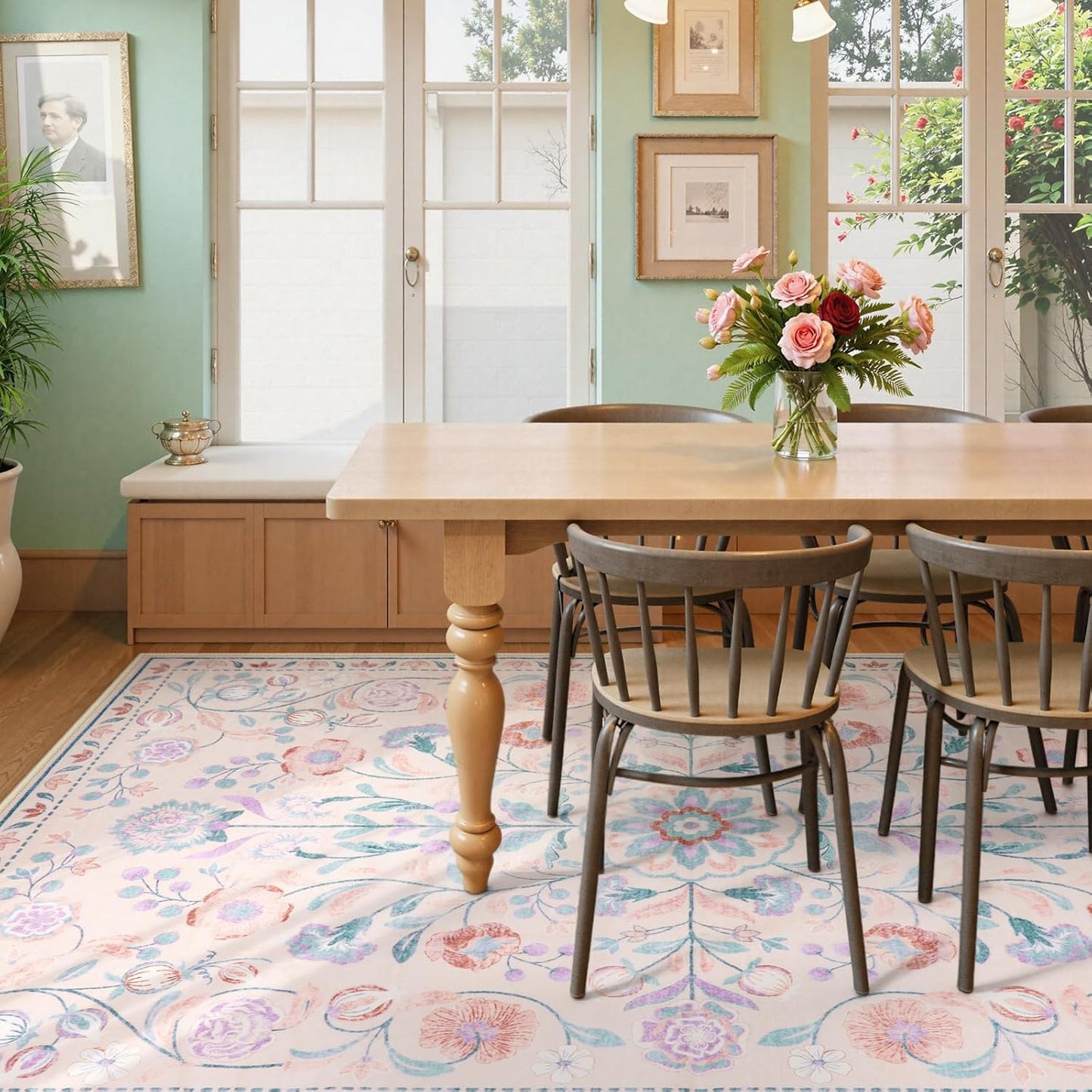 Anidaroel Boho Rugs for Living Room 8x10, Washable Pink Area Rug for Bedroom Vintage Soft Girls Room Rug, Non Slip Distressed Nursery Rug Indoor Throw Carpet for Playroom Dining Room