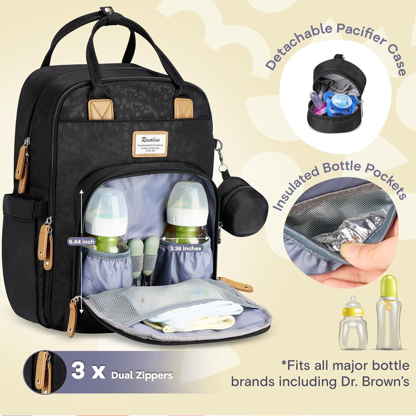 RUVALINO Diaper Bag Backpack-Multifunction Baby Travel Bag with Changing pad, Insulated Bottle Holders & Pacifier Case, Large Capacity, Waterproof, Black Leopard