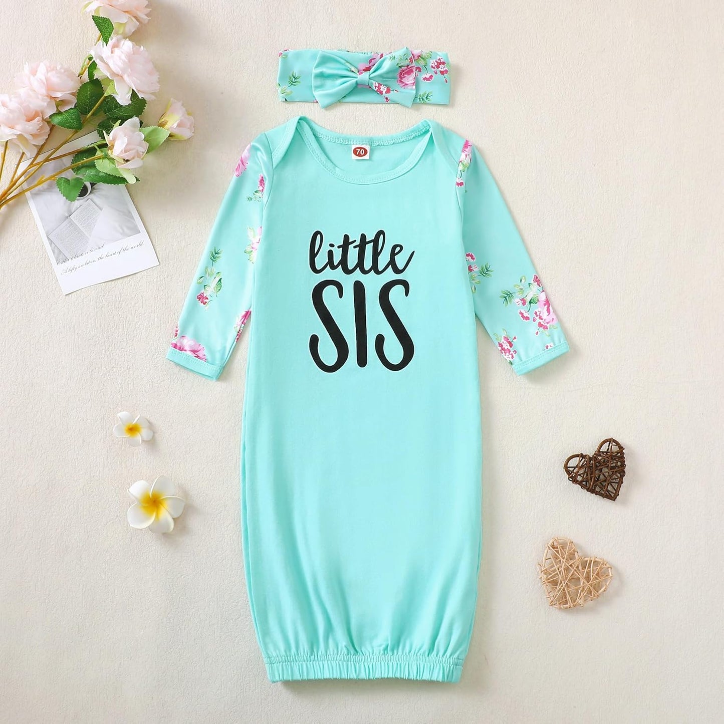 AMAWMW Newborn Baby Girl Little Sister Sleeper Gown Stripe Long Sleeve Nightgown Pajamas Gifts Stuff Essential Outfit