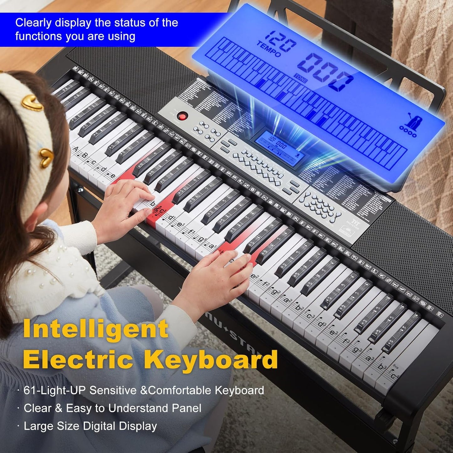 61 Key Piano Keyboard, Electric Keyboard Piano with Light-Up Keys, 255 Tones/Rhythms, Smart Learning System, Headphone, Microphone, Keyboard Stand, Stool, Stickers, Piano Keyboard Set for Beginners