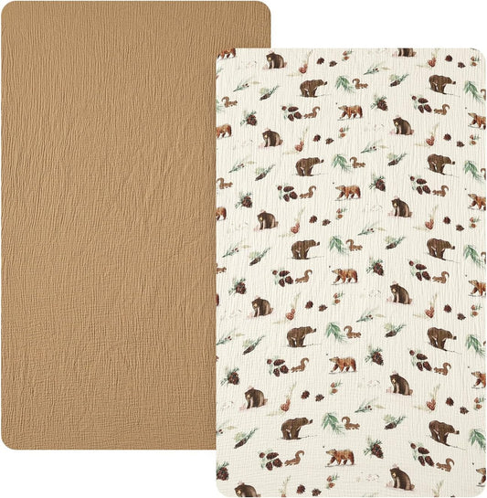 david's kids Muslin Mini Crib Sheets, 2 Pack Cotton Pack N Play Sheets for Boys Girls Neutral, Soft Breathable Baby Sheets Fit Pack N Play, Playard and Mini Crib Mattresses, Woodland Animal