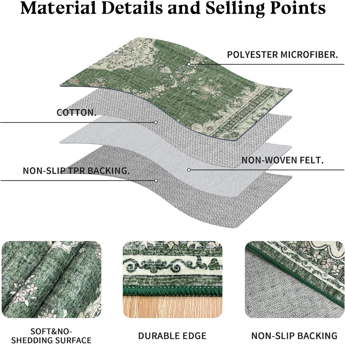 9x12 Area Rug Washable: Oriental Soft Area Rug for Living Room Bedroom No Shedding - Low Pile Thin Carpet Rug for Dining Room Non Slip - Boho Vintage Rug for Home Decor - Olive Green