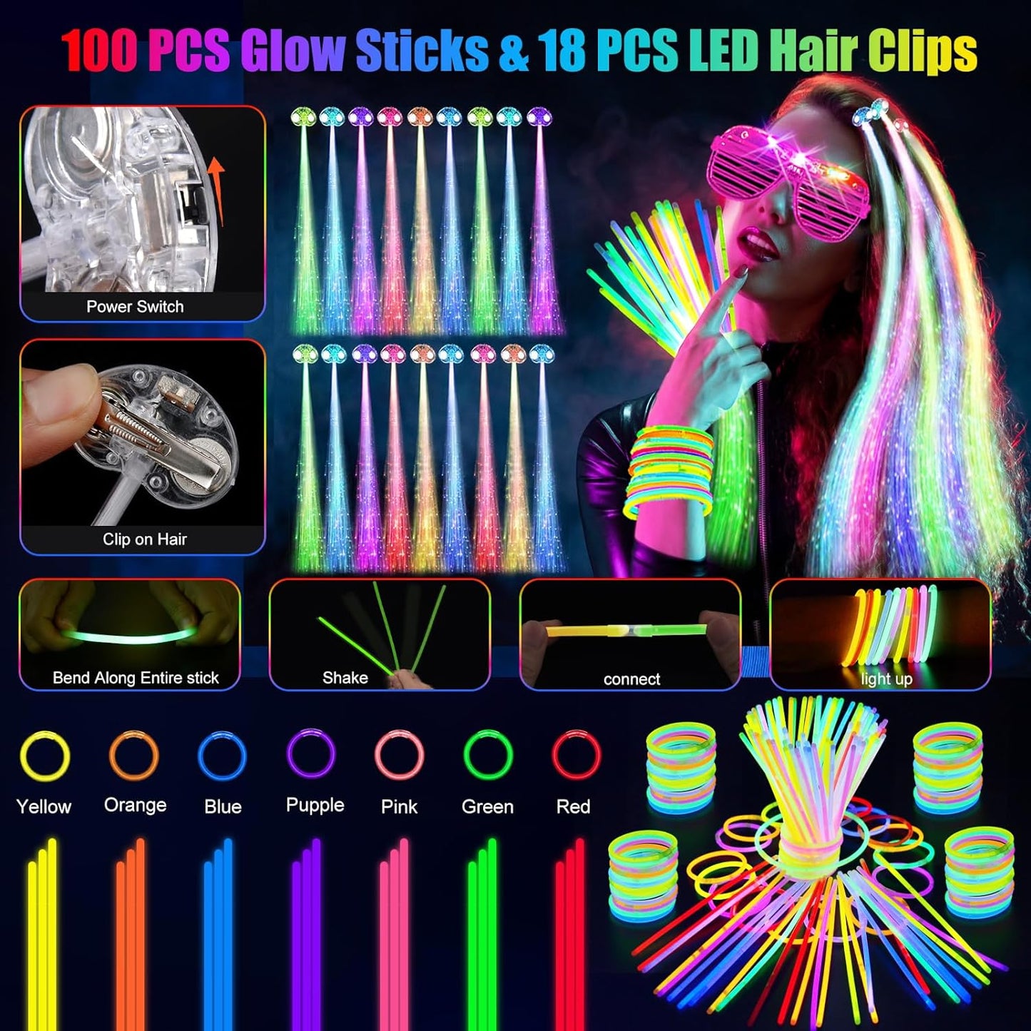 148 PCS Glow in the Dark Party Supplies, 16 PCS Glow Fiber Optic Wands, 14 PCS LED Glasses, 100 PCS Glow Sticks and 18 PCS LED Hair Clips Fiber Optic for Glow Party, Wedding, Concert, Birthday
