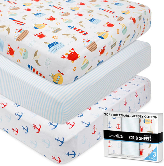 GROW WILD Nautical & Ships Baby Crib Sheets for Boys (3 Pack) - Jersey Knit Fitted Sheet (52" x 28"), Toddler Bedding Set & Baby Boy Crib Bedding Set, Anchors and Ships with Stripes