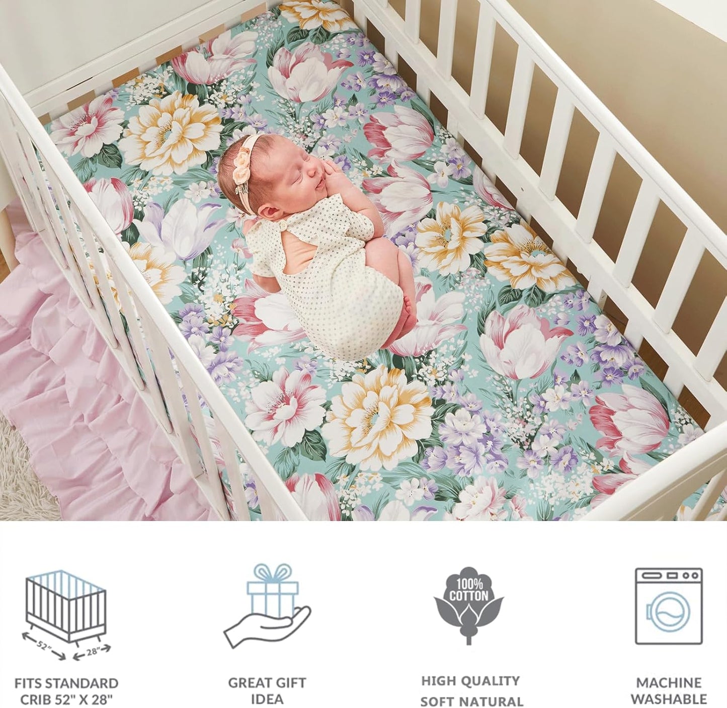 Brandream Crib Bedding Sets for Girls Garden Floral Nursery Set 3-Piece | Ruffled Baby Comforter, Crib Sheet and Tulle Lace Crib Bed Skirt, Green White