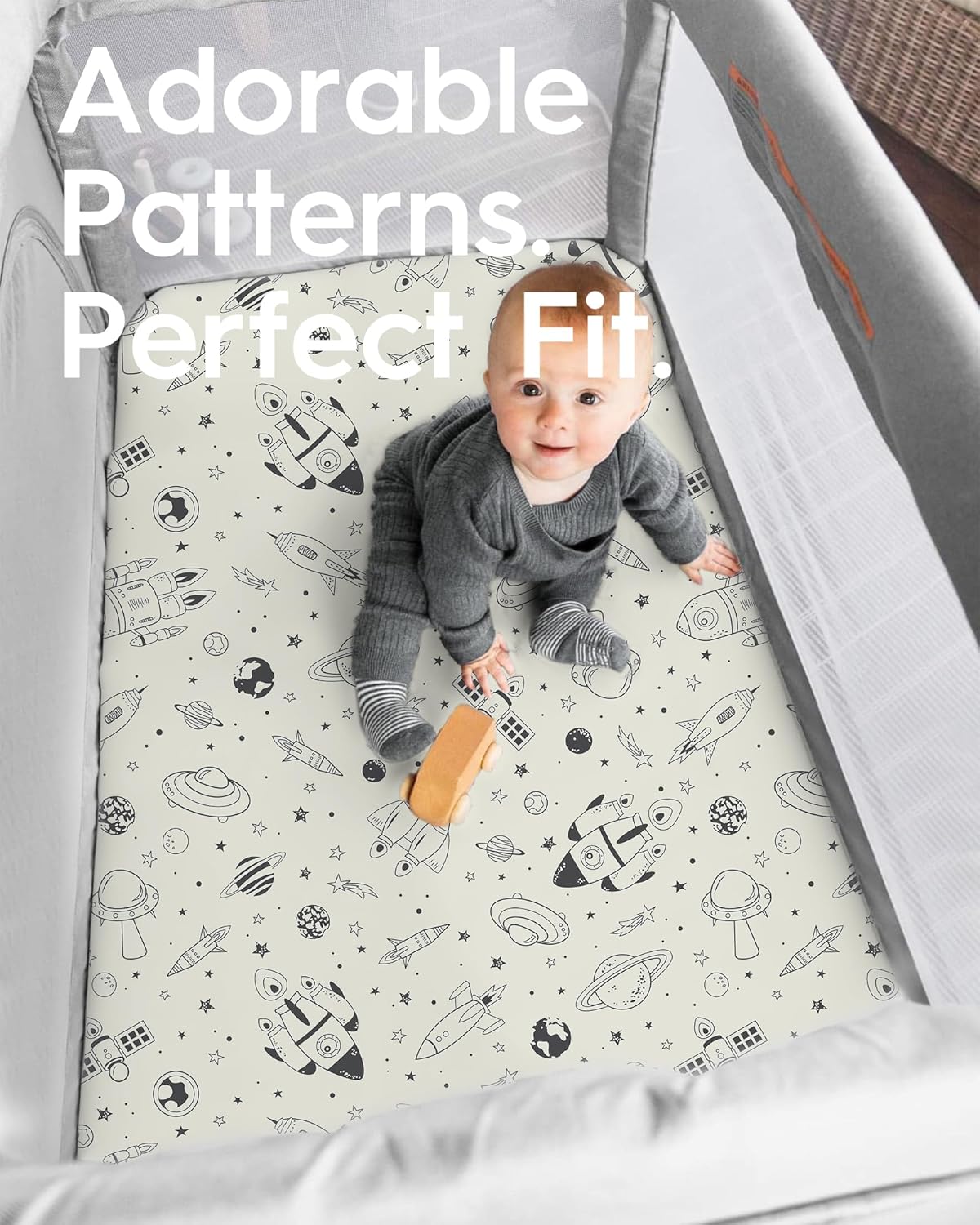 Pack N Play Sheets Fitted, TotBasic Ultra Soft Space Mini Crib Sheets, Premium Jersey Knit Pack and Play Sheets Neutral, Stretchy Play Yard Sheets for Pack and Play Mattress, 2 Pack