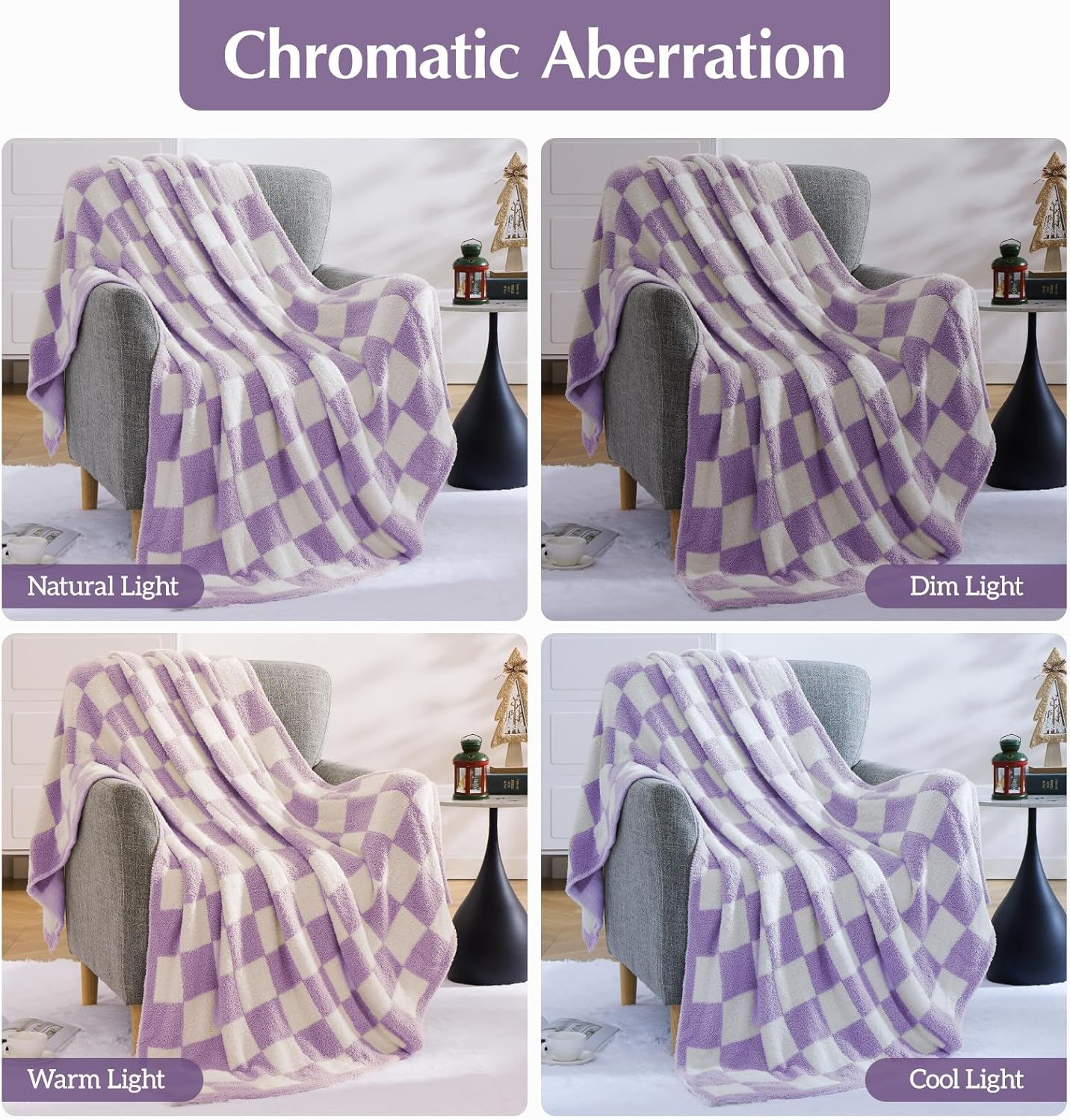 WRENSONGE Checkered Throw Blanket, Purple Soft Cozy Fluffy Warm Hand Made Throw Blankets for Couch, Sofa, Chair, Bed, Camping, Picnic, Travel Lightweight Bed Blanket - 60"*80"