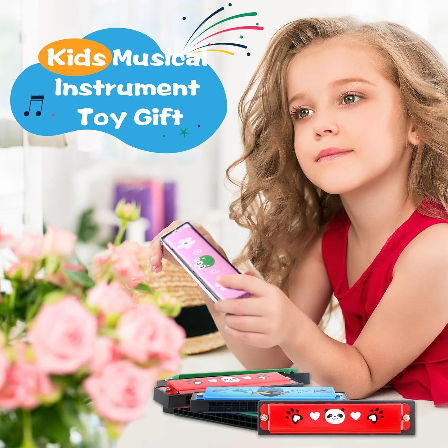 50 Pcs Cartoon Harmonica Bulk Kids Harmonica Toy 16 Holes for Beginner Children Birthday Party Favor, Random Color Pattern