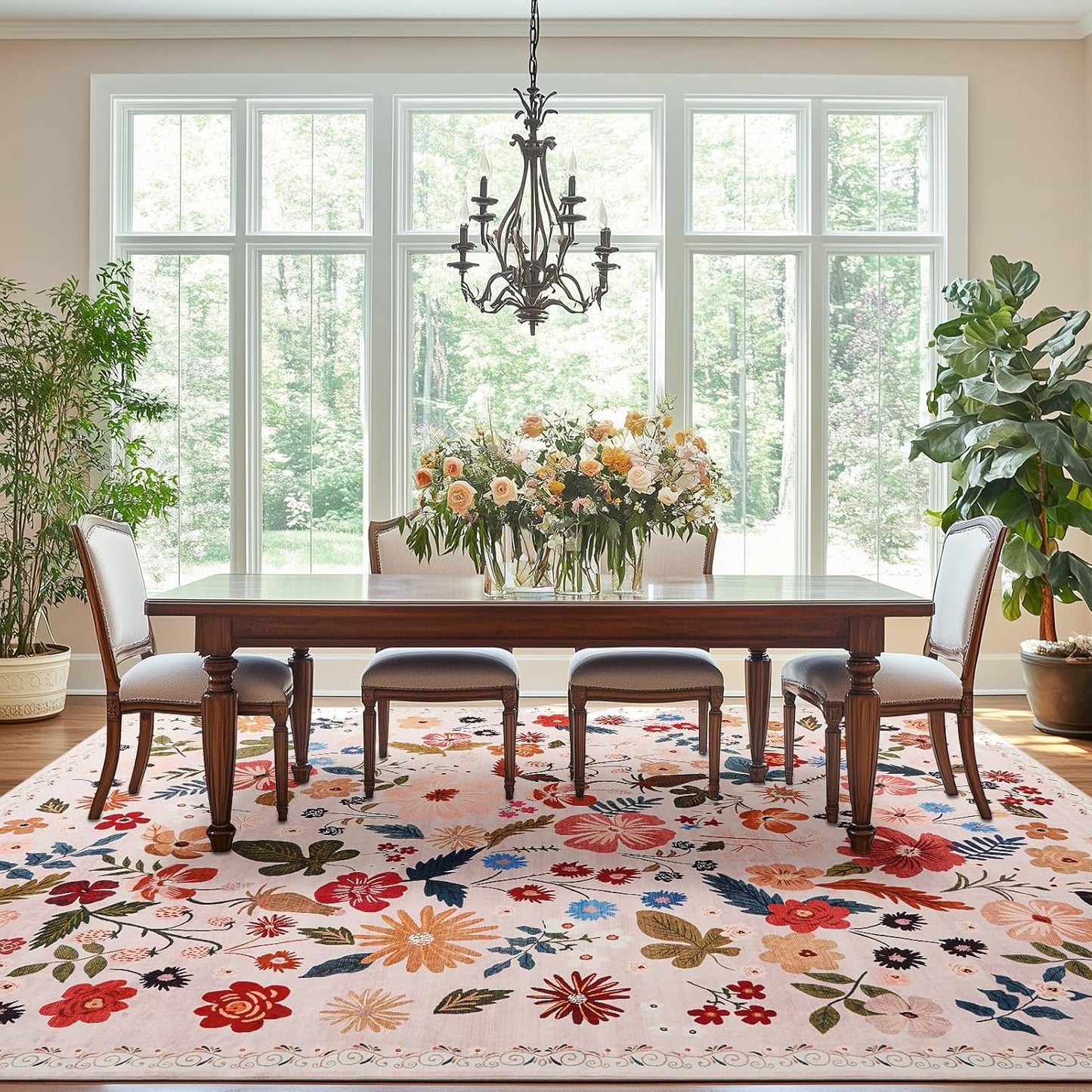 9x12 Washable Area Rugs Beige Pink Boho Floral Soft Girls Rugs for Bedroom Sound Absorbing Ultra-Thin Non Slip Stain Resistant Room Carpet Rug for Living Room Kids Playroom Farmhouse Dining Room