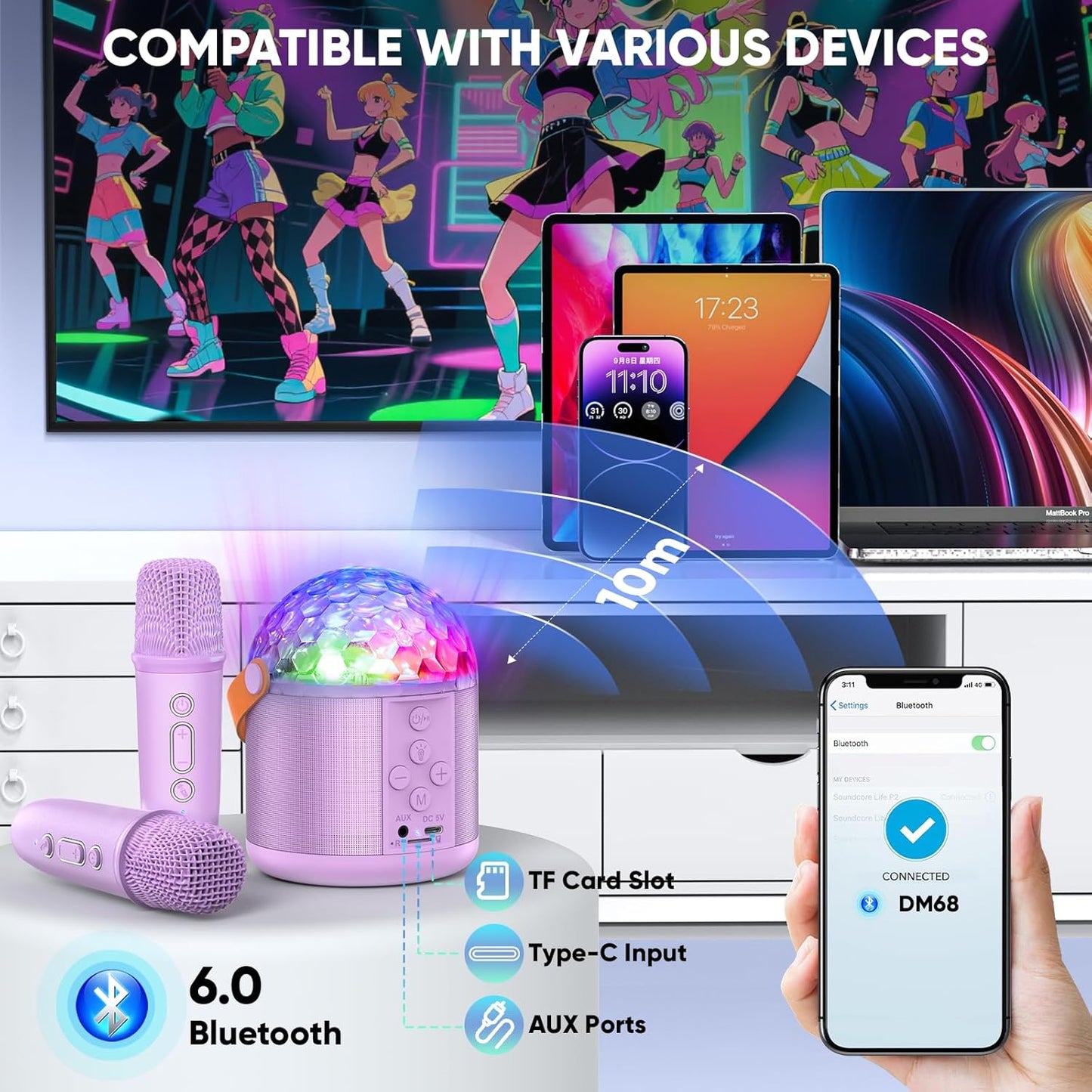 Karaoke Machine with Disco LED Lights for Adults Kids, Portable Bluetooth Speaker with 2 Wireless Microphone, Gifts Toys for 3-12+ Kids Birthday Family Home Party