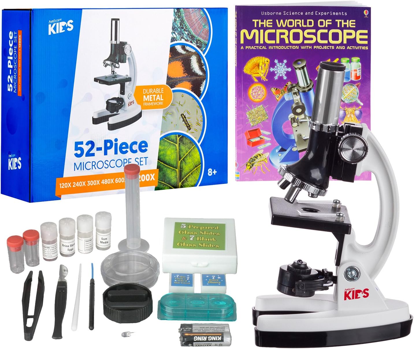 AmScope M30 Series 52-Piece STEM Microscope Kit for Kids - Monocular, Portable Compound Microscope for Kids - Includes The World of The Microscope, Petri Dish, Slides & More - White