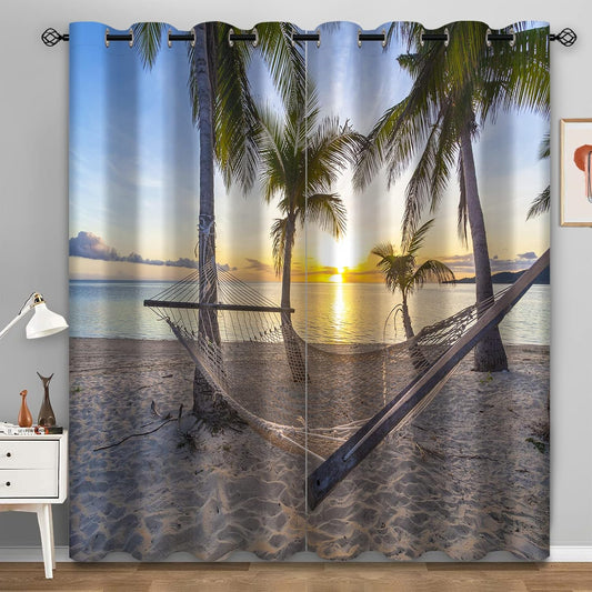 Aimego Ocean Beach Blackout Curtains Summer Tropical Palm Tree Seaside Sunset Drapes Decor for Bedroom Living Room Window Treatment Grommet Top Room Darkening Curtains 2 Panel Set, 52"X63"