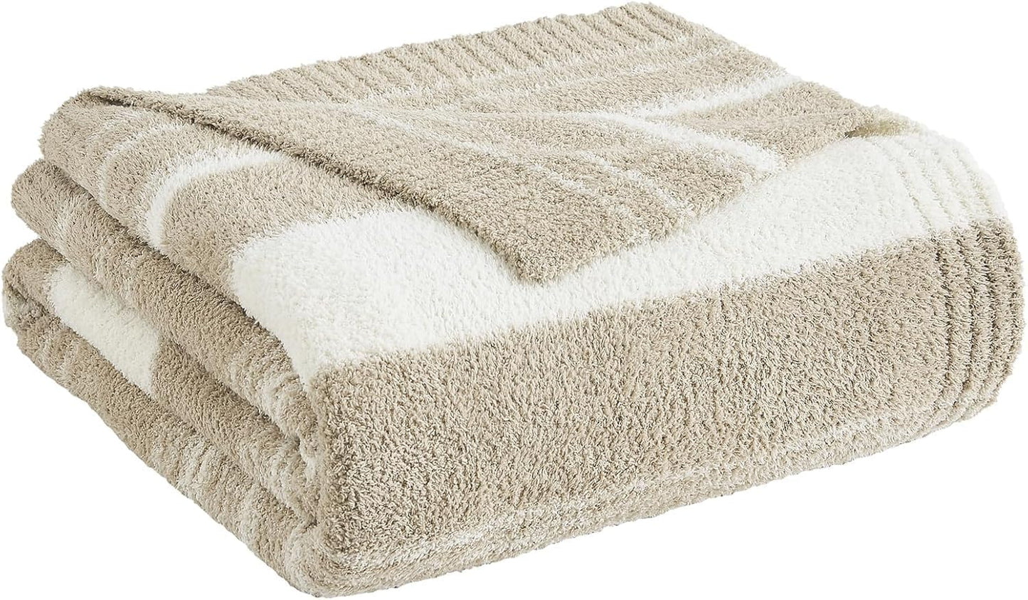 WRENGONGE Khaki Throw Blanket, 60x80 Soft Cozy Striped Throw Blankets for Couch, Sofa, Bed, Travel, Lightweight Fluffy Warm Plush Decorative Blankets for Women, Men,Kids Gift