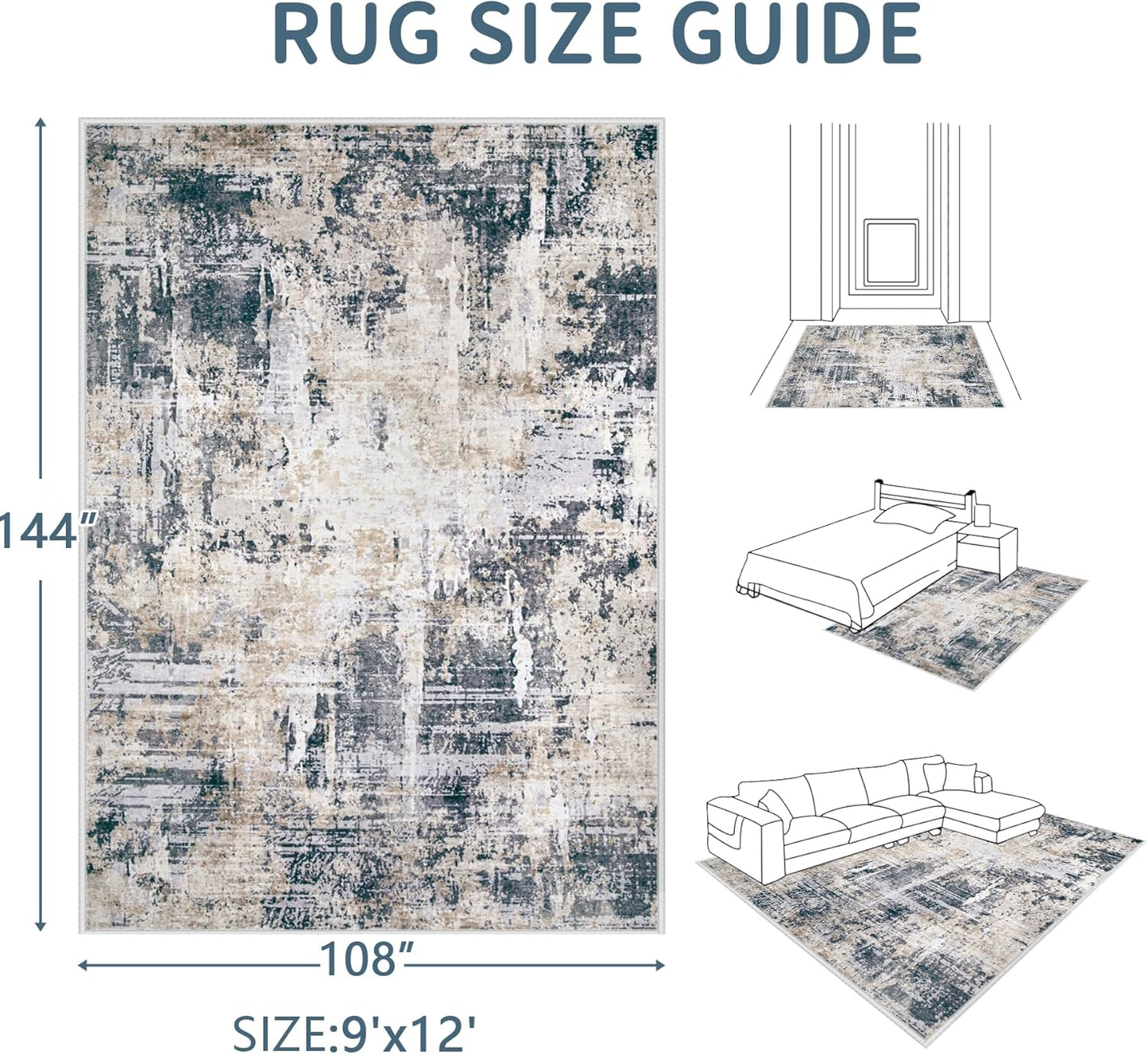 Area Rugs 9x12 Living Room: Washable Rug Modern Abstract Large Rugs Soft Non Slip Neutral Rug Stain Resistant Indoor Carpet for Bedroom Kitchen Dining Room Home Office Rugs(Black Brown,9'x12')