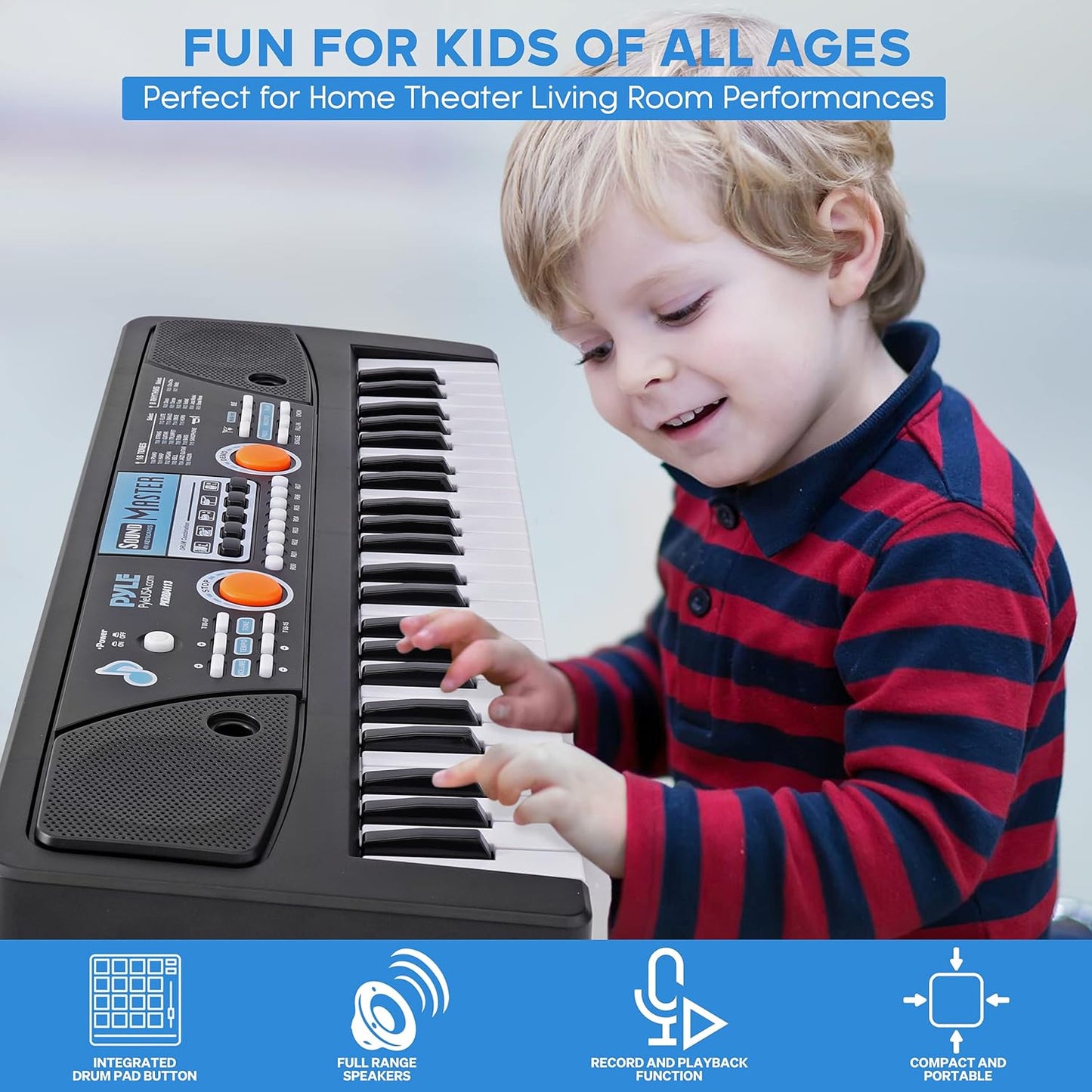 Pyle Electric Keyboard Piano - 49-Key Portable Digital Karaoke Piano with Stereo Speakers, Rechargeable Battery, and Wired Microphone for Beginners, Kids, Adults - 8 Rhythms, 16 Tones