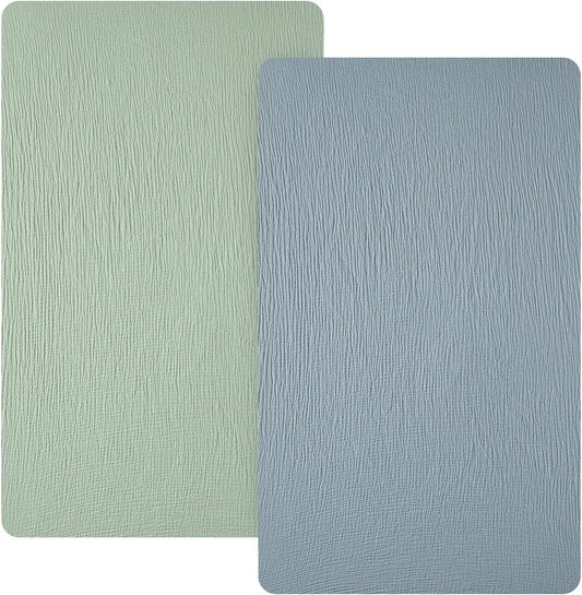 david's kids Muslin Mini Crib Sheets, 2 Pack Cotton Pack N Play Sheets for Boys Girls Neutral, Soft Breathable Baby Sheets Fit Pack N Play, Playard and Mini Crib Mattresses, Sage Green & Dusty Blue