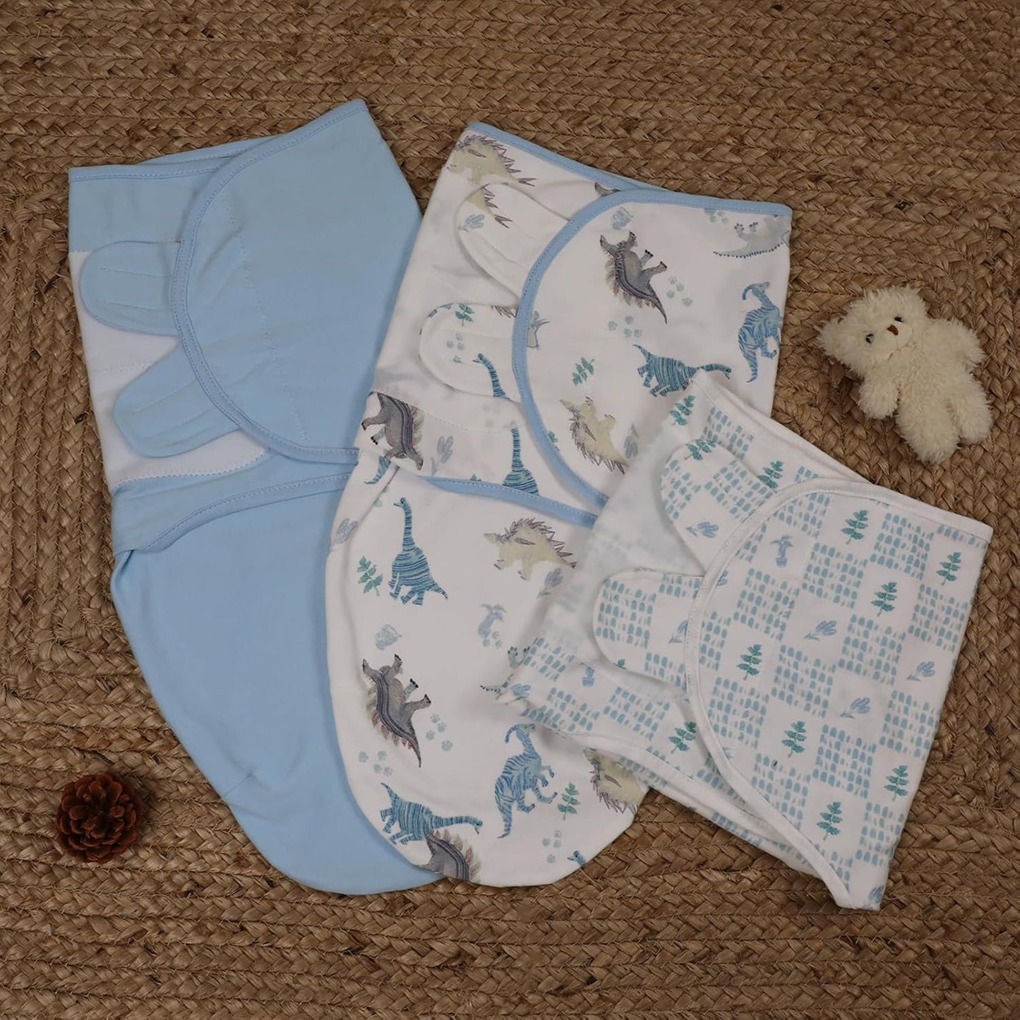 Baby Swaddle Sacks, 3-Pack Newborn Organic Cotton Swaddle Wrap, Adjustable Swaddling Blankets, Nursery Swaddling Essentials for Newborn 0-3 Months, Infant Shower Items Gift (Dinosaur & Forest)