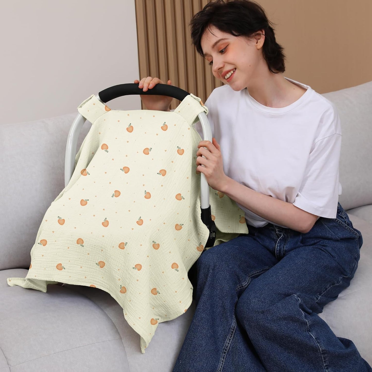 100% Muslin Cotton Car Seat Cover Baby, Carseat Canopy Cover, Universal Fit Stroller Covers for Boys and Girls (Cute Cherry)