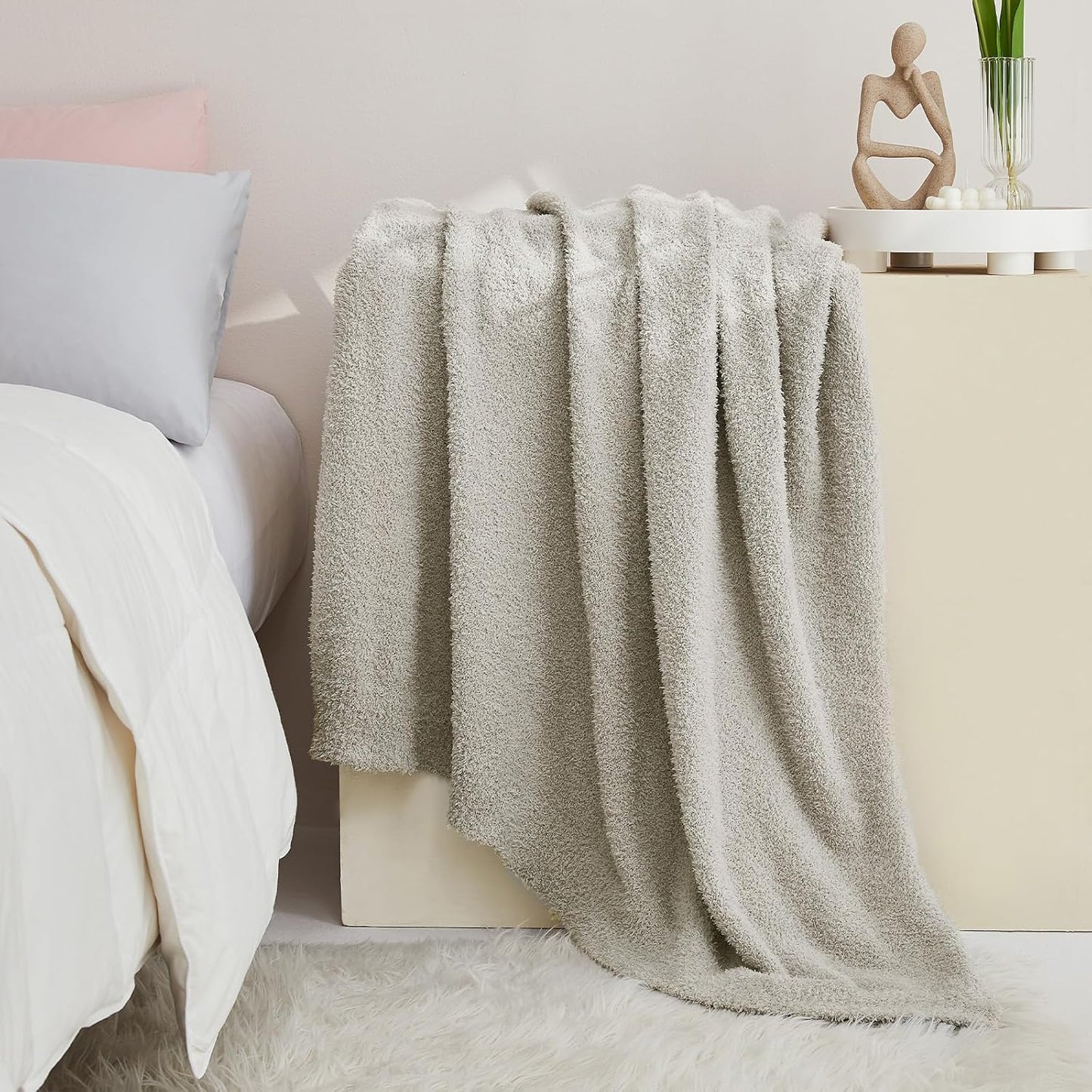 CYMULA Knit Throw Blanket for Couch Light Grey - Super Soft Lightweight Plush Fuzzy Fluffy Warm Cozy Blankets and Throws for Sofa Bed, 50 x 60 inches