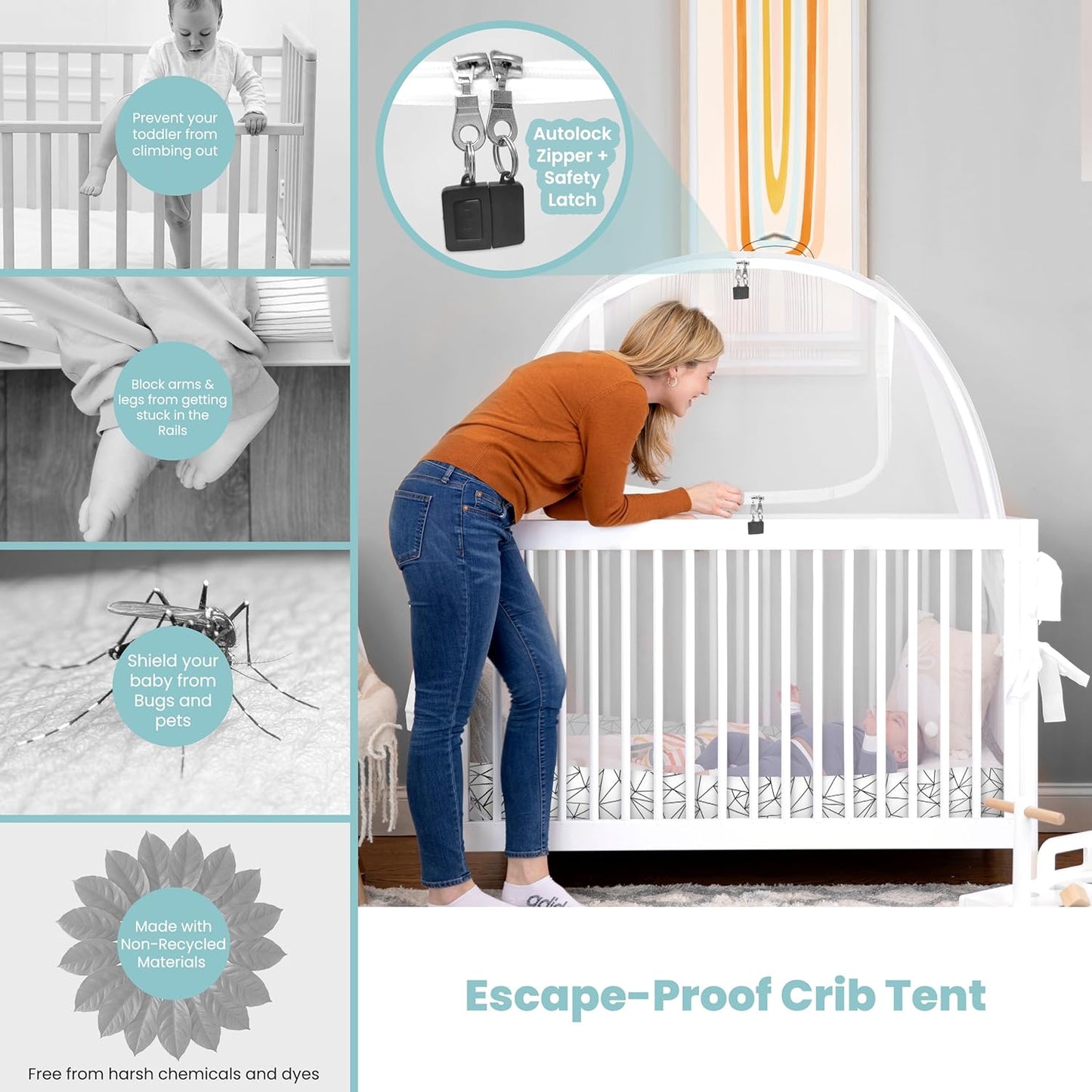 Breathable Mesh Crib Tent to Keep Baby from Climbing Out, Crib Net Canopy with Auto-Lock Zipper and Safety Latch, Crib Net to Keep Baby in, Crib Cover for Safety (Mosquiteros para Cunas de Bebes)