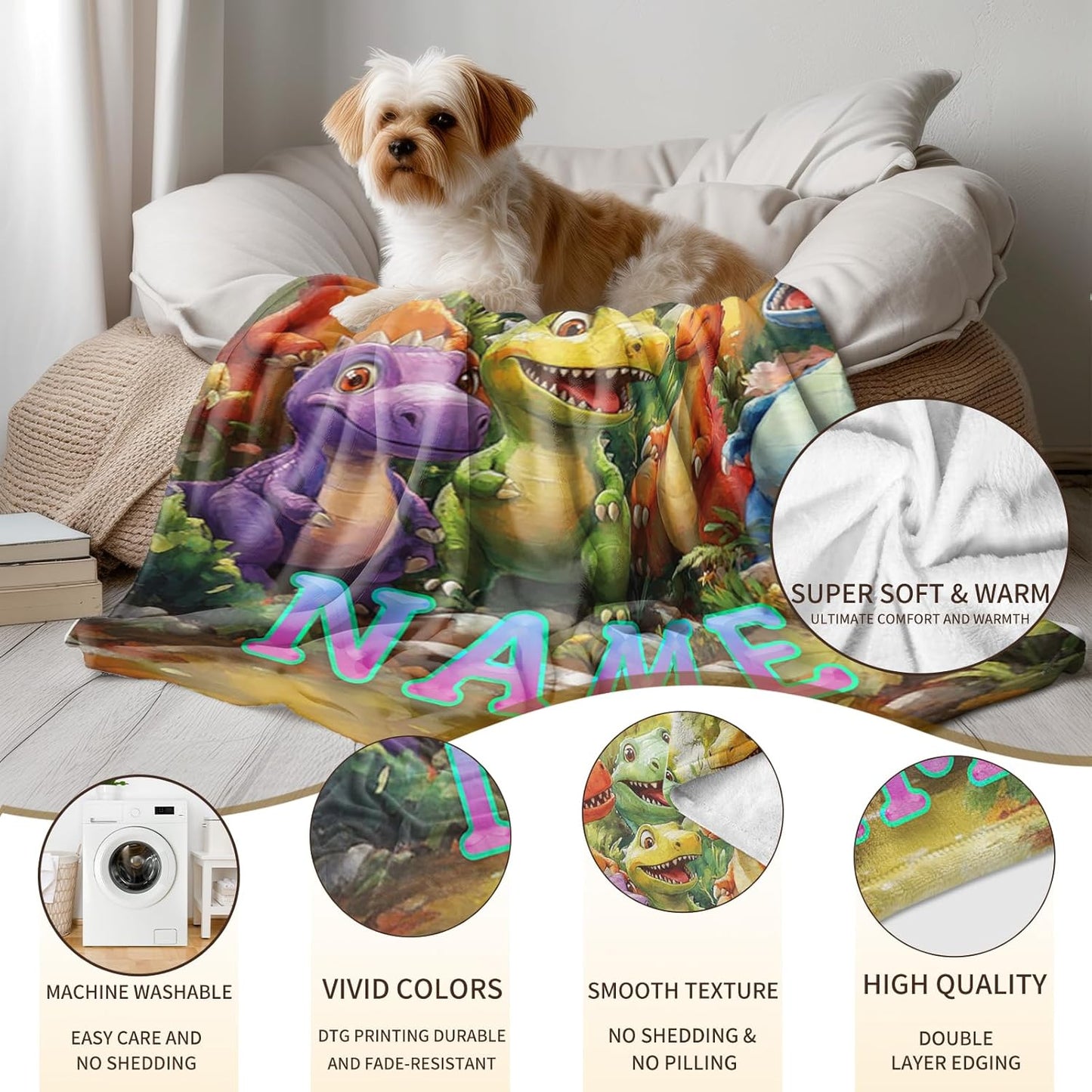 Ship Next Day, Custom Dinosaur Blanket - Printed in USA, Personalized Blankets with Name, Gift for Kids Boys Girls, Unique Present for Birthday, Christmas, Educational Blankets for Children