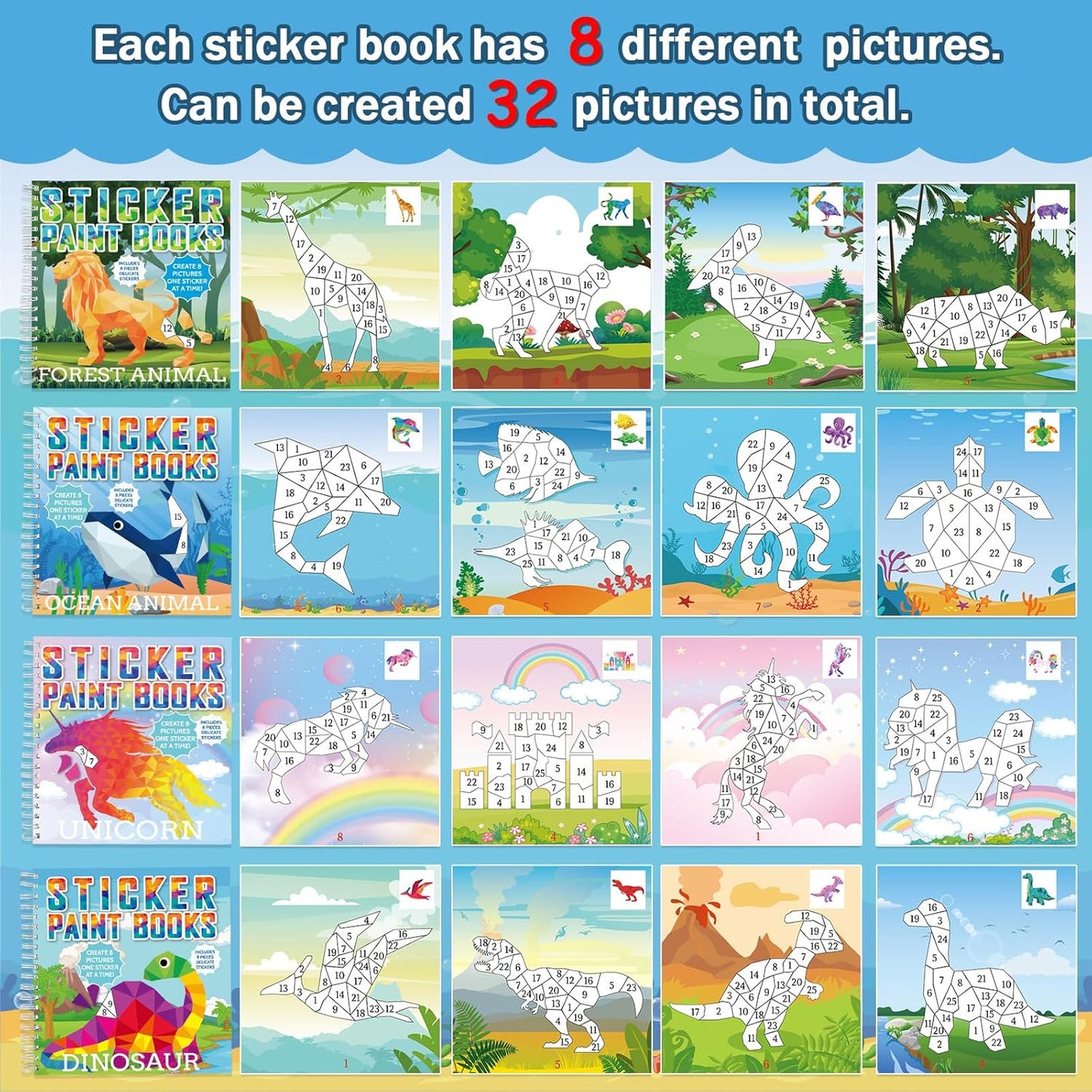 4 Pcs Paint by Sticker Books for Kids Ages 4-8 Sticker by Number Books Activity Book for Kids Ages 3-5 Sticker Puzzle Book Craft Art Toddler Girls Gift with Dinosaur Unicorn Ocean Animal 32 Pictures