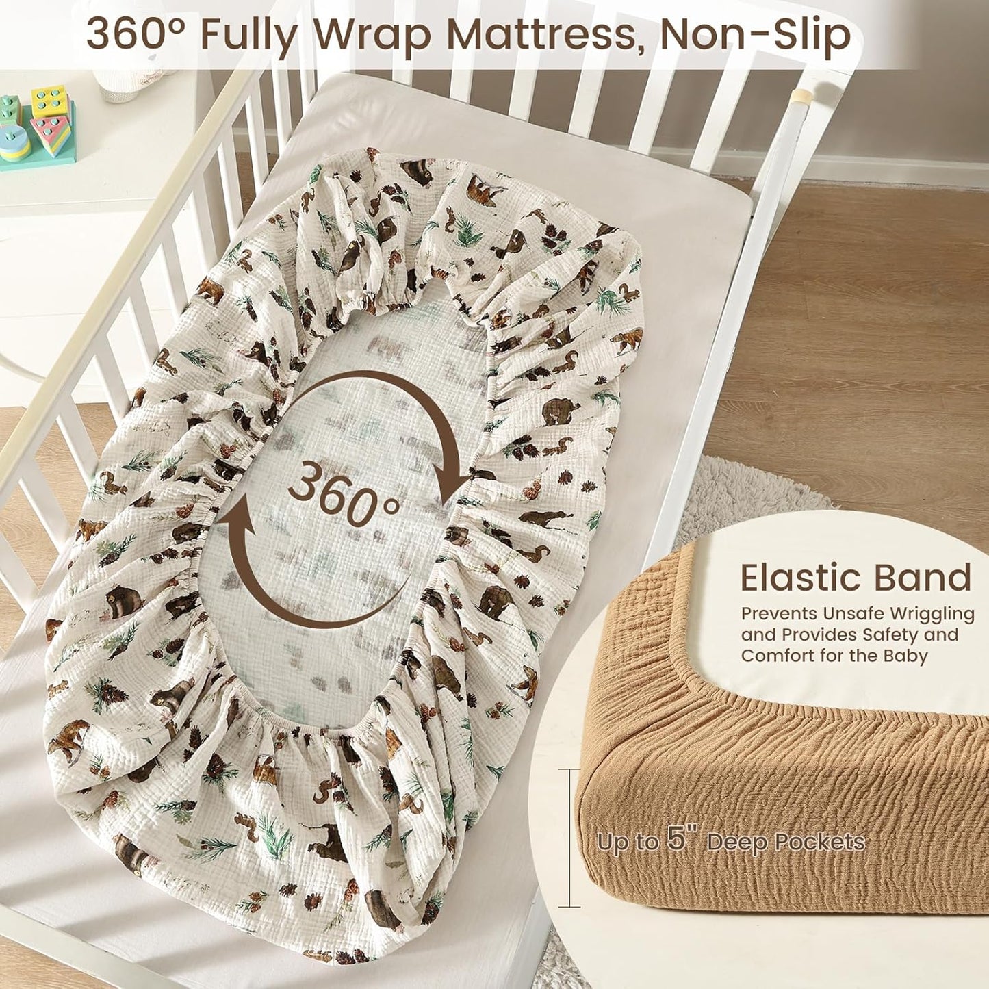 david's kids Muslin Mini Crib Sheets, 2 Pack Cotton Pack N Play Sheets for Boys Girls Neutral, Soft Breathable Baby Sheets Fit Pack N Play, Playard and Mini Crib Mattresses, Woodland Animal