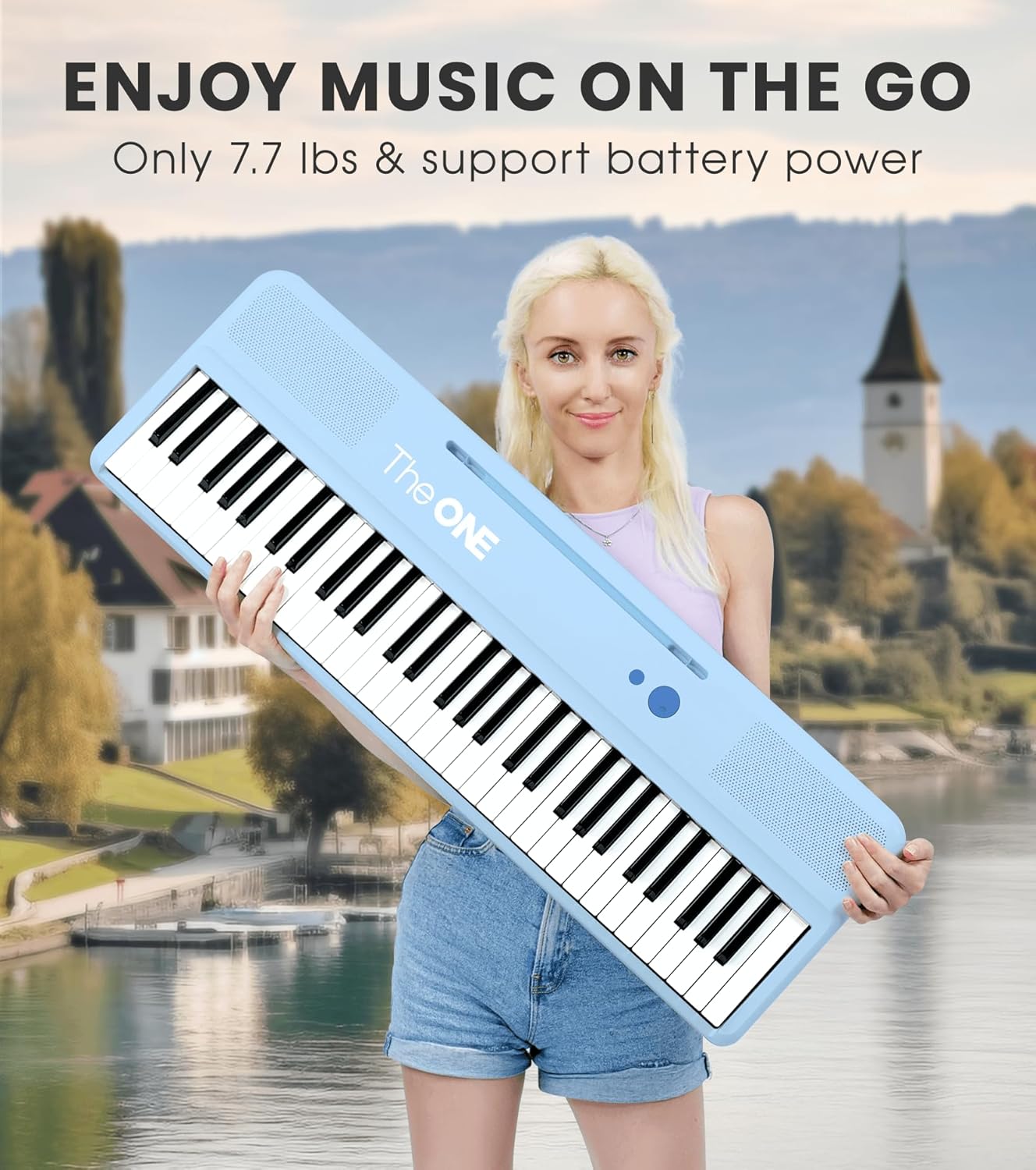 The ONE Smart Keyboard COLOR 61 Keys Piano Keyboard, Music Keyboard with 256 Timbres, 64 Polyphony, 2 Speakers, Built-in LED Lights and Free Apps (Blue)