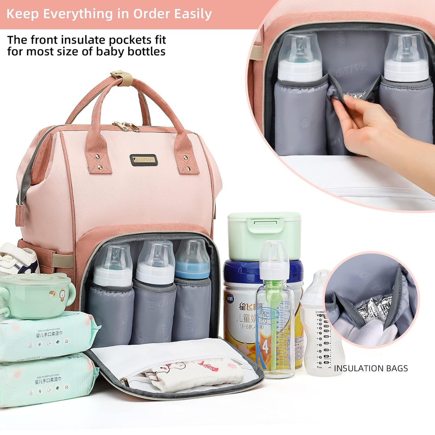 Diaper Bag Backpack, Diaper Bags for Baby Girls Boys, Baby Bags for Moms Dads, Nappy Changing Bag with Insulated Pockets,Multi-functional Waterproof Backpack with Stroller straps -Pink light pink