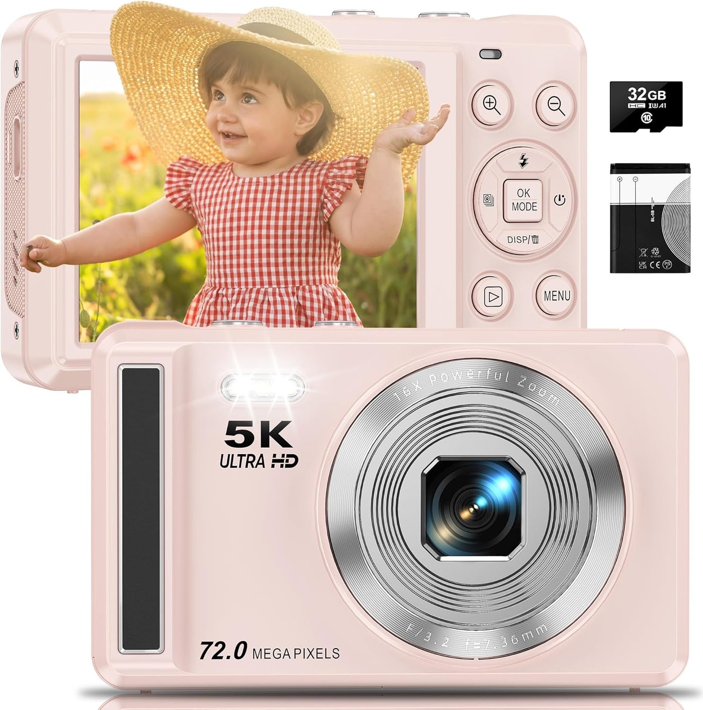5K Digital Camera - 72MP UHD Digital Cameras for Photography - Autofocus Point and Shoot Small Camera with Flash for Kids - 2.8 Inch Screen Compact Portable Vlogging Camara with 16X Zoom, 32GB SD Card