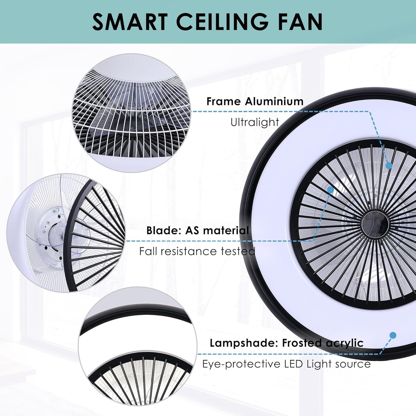 24" Bladeless Ceiling Fan with RGB Light Remote, Smart LED Ceiling Fans with Voice/App Control, Modern Low Profile Dimmable Light Ceiling Fan for Bedroom Living Room